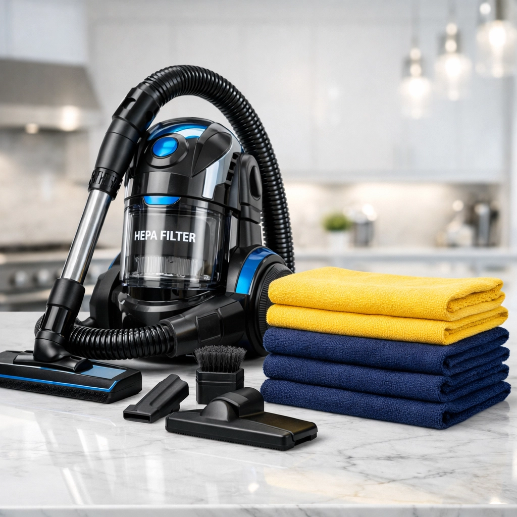 Professional cleaning tools like a HEPA vacuum and cloths for an effective house cleaning routine in Newton.