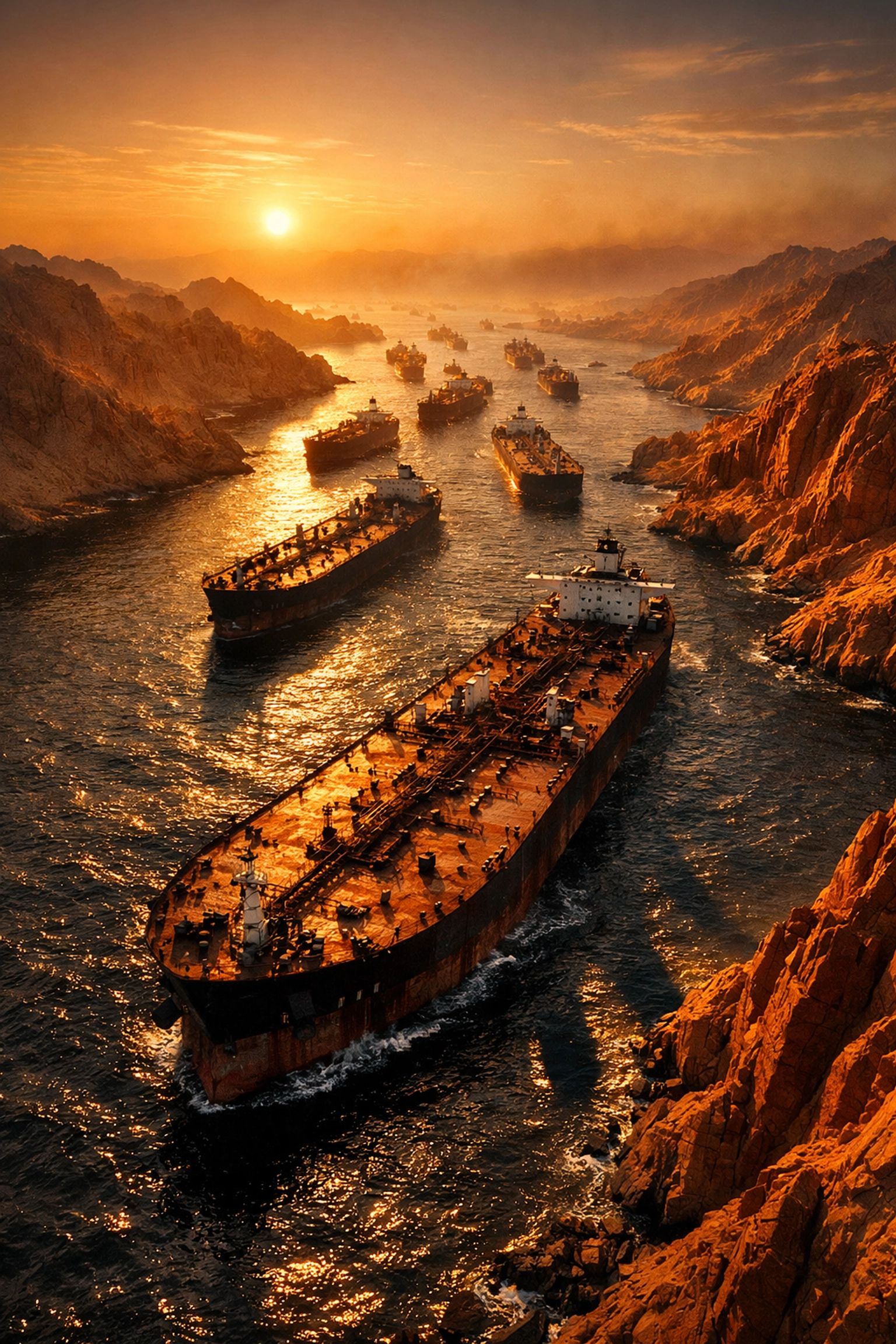 Oil tankers navigating the narrow Strait of Hormuz shipping bottleneck during an energy crisis.