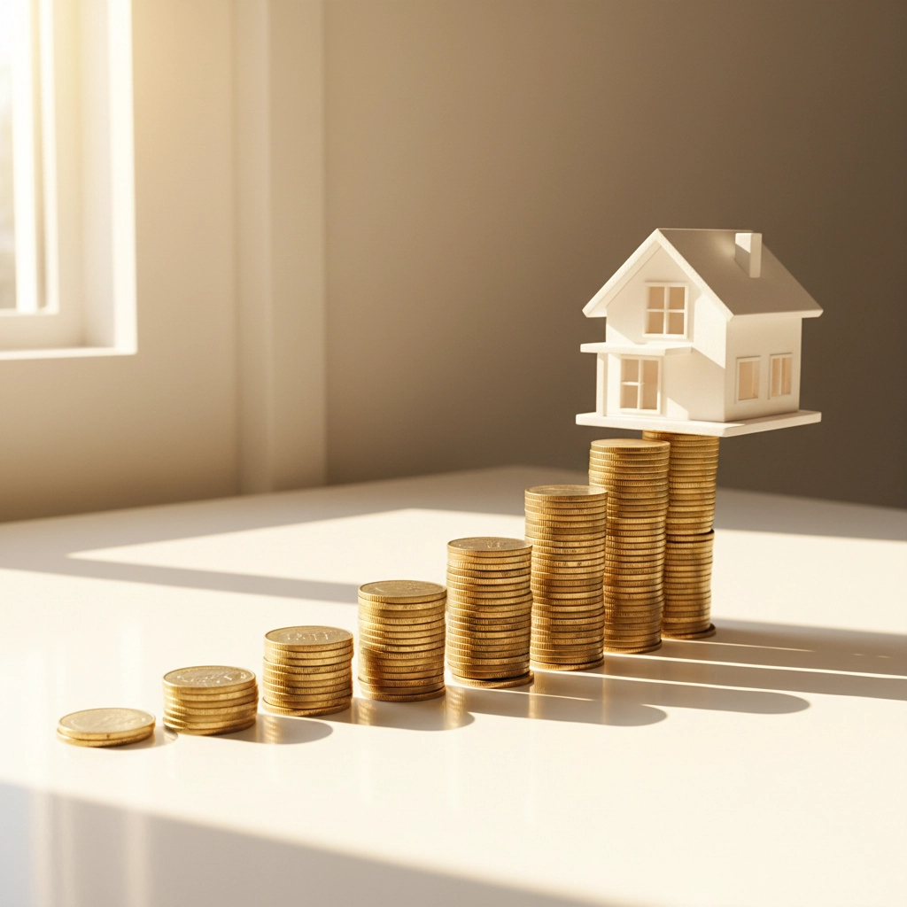 Stacks of gold coins ascending toward a white model house, symbolizing investment. Bright sunlight casts shadows on a light surface.