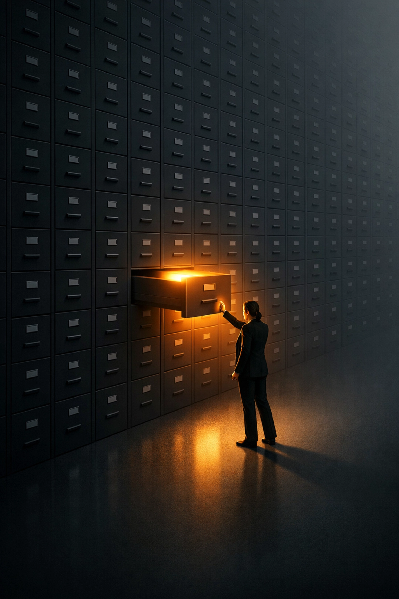 A professional reaching into a glowing file drawer, finding hidden lead opportunities in a real estate CRM.
