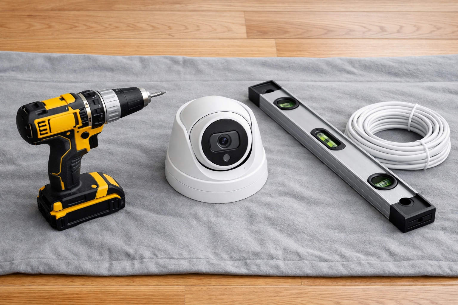 Professional tools and a white turret camera prepared for a clean CCTV installation.