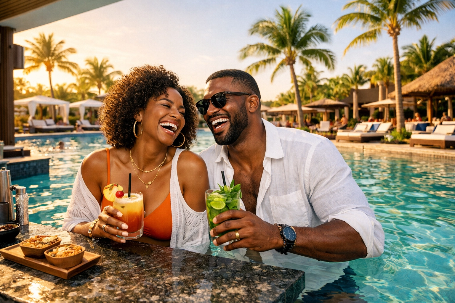 Couple at a luxury swim-up bar during a Lifestyle Resorts booking, curated by an Adults Only travel agent.