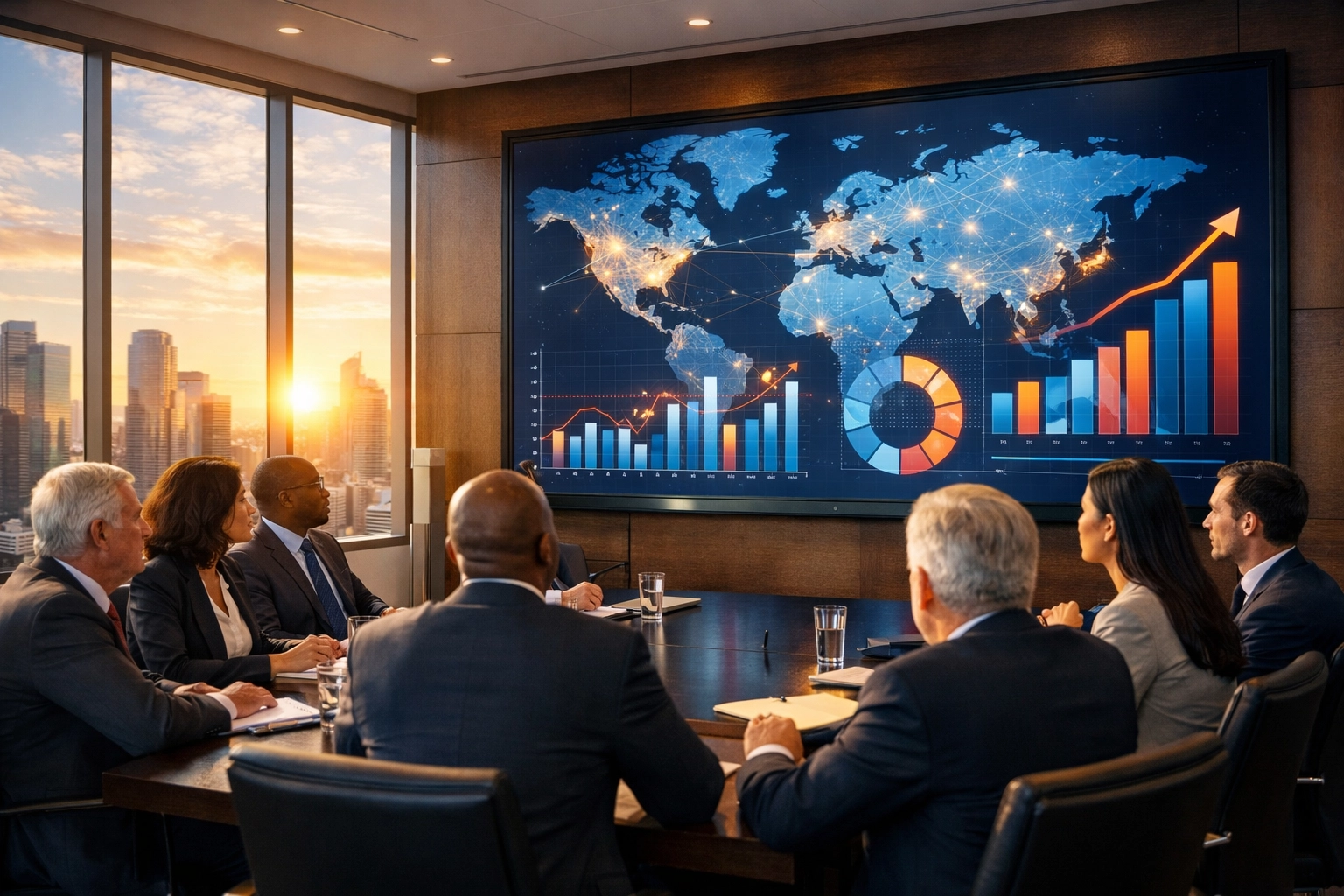 Corporate executives planning a Super Bowl branding strategy in a modern high-rise boardroom.