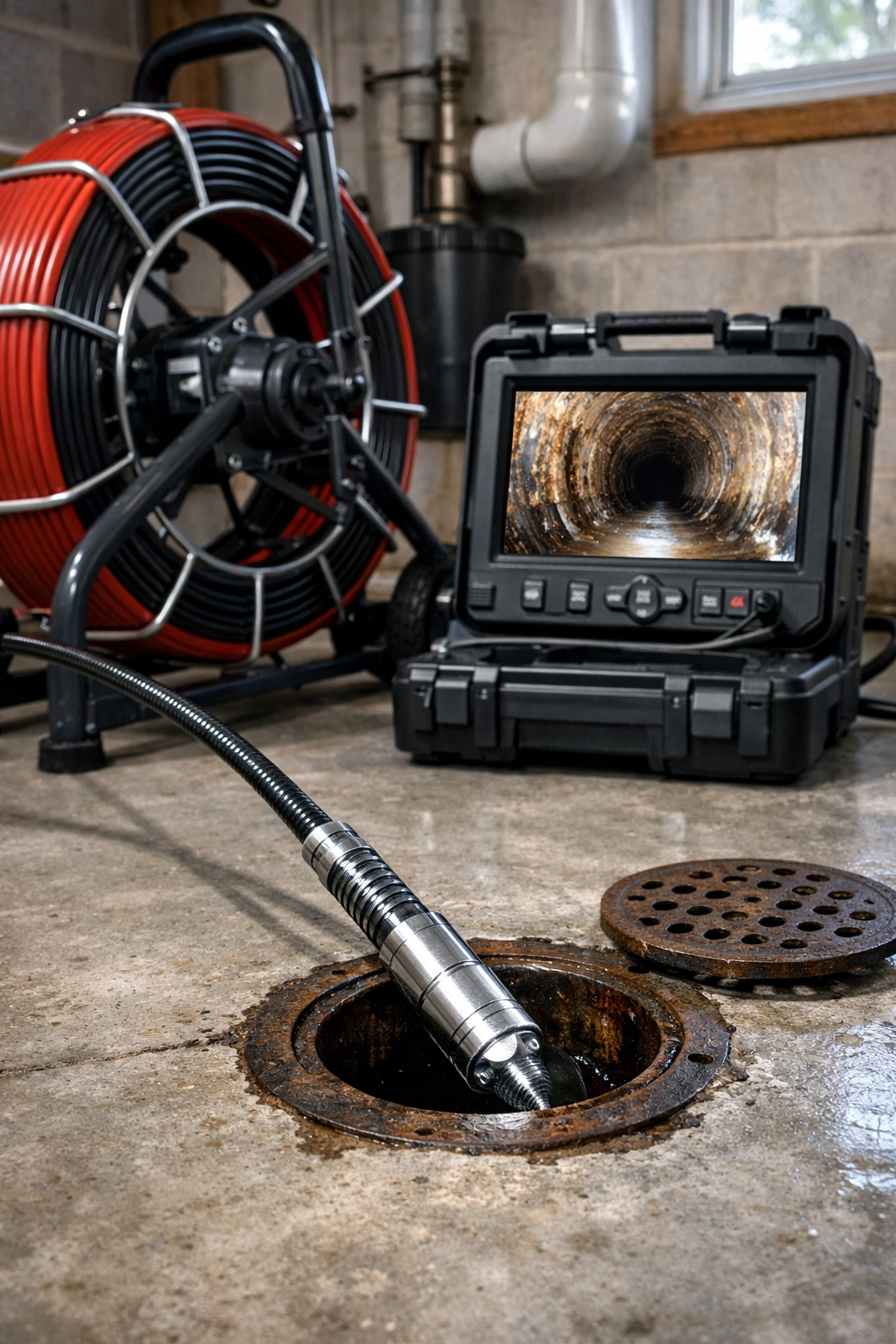 Professional sewer scope inspection equipment used to check underground pipes in an Edmonton basement.