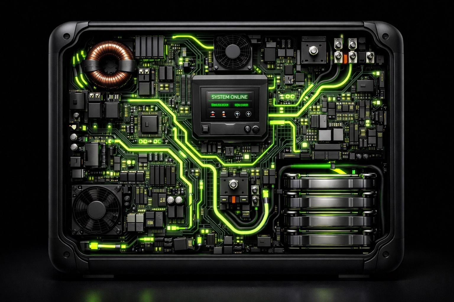 Close-up of high-performance solar battery storage and inverter components for professional systems.