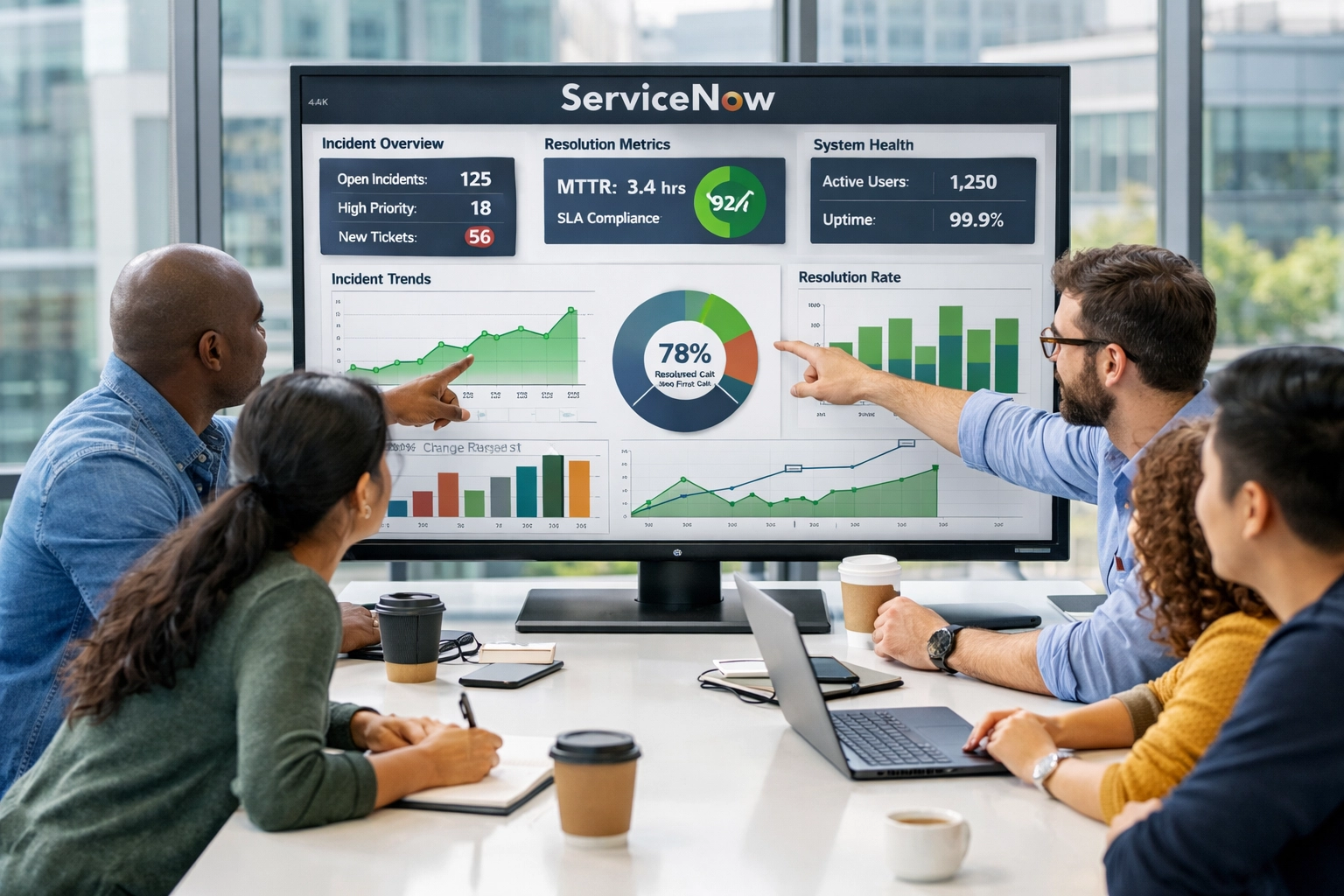 IT team analyzing ServiceNow performance dashboards and KPI metrics for ITOM incident management