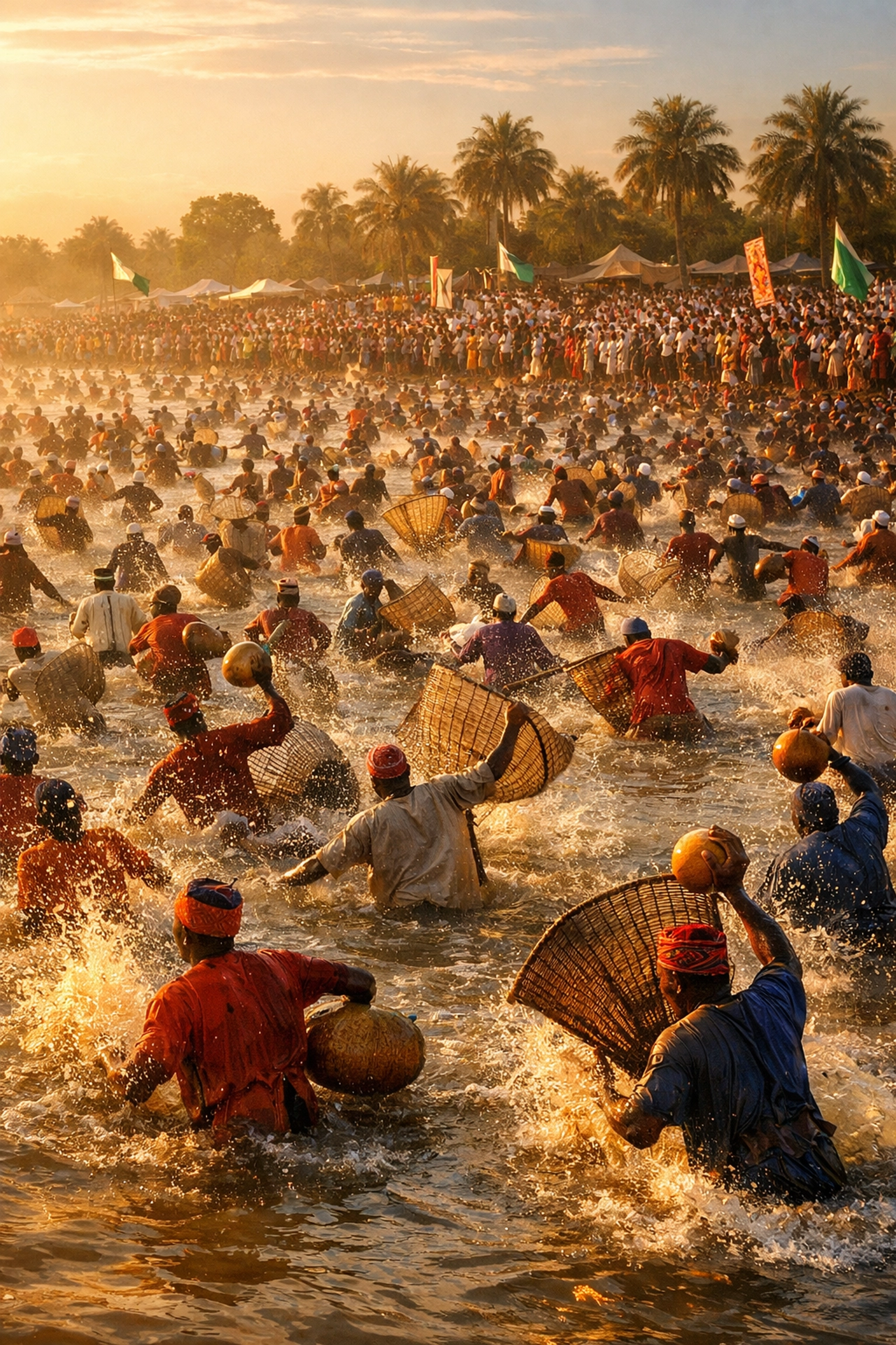 Argungu Fishing Festival in Nigeria with fishermen in river and crowds celebrating cultural heritage