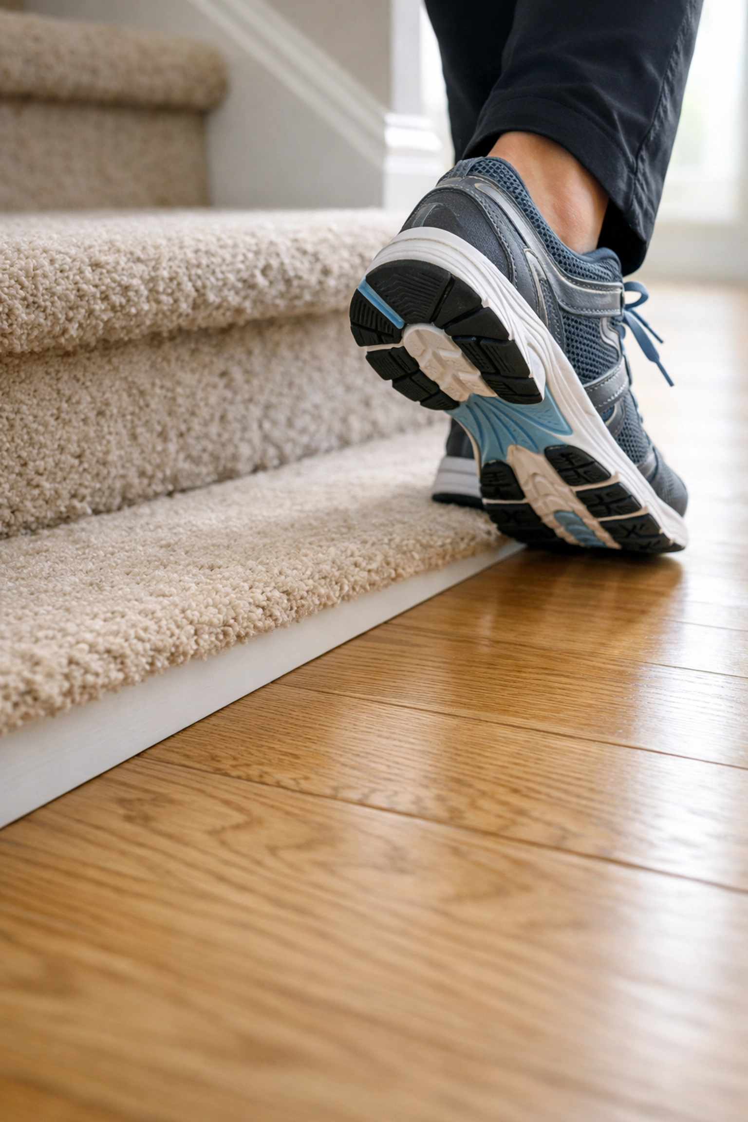 Close-up of non-slip shoes on a staircase showing visual contrast between the last step and the floor.