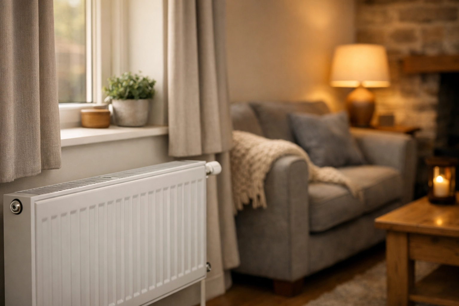 A clean white radiator in a cozy, energy-efficient Northamptonshire home, showing a well-maintained heating system.