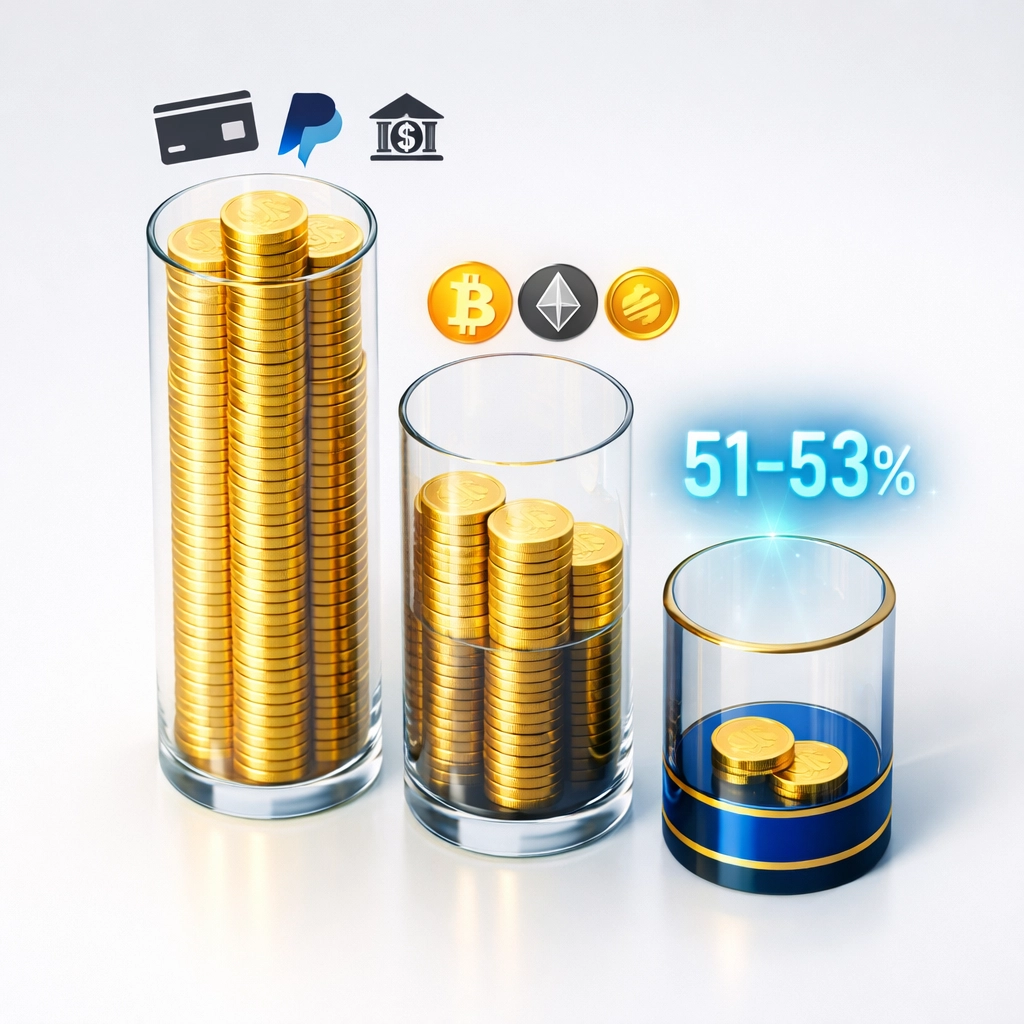 Payment processing fee comparison showing 51-53% savings with crypto vs traditional processors