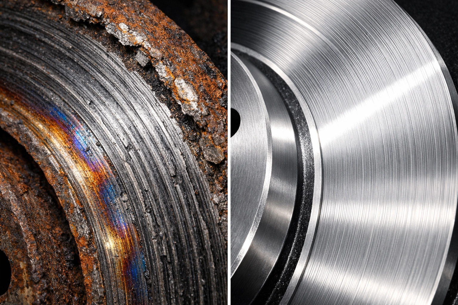 Side-by-side comparison of a worn, damaged brake rotor versus a new, smooth rotor for vehicle safety.
