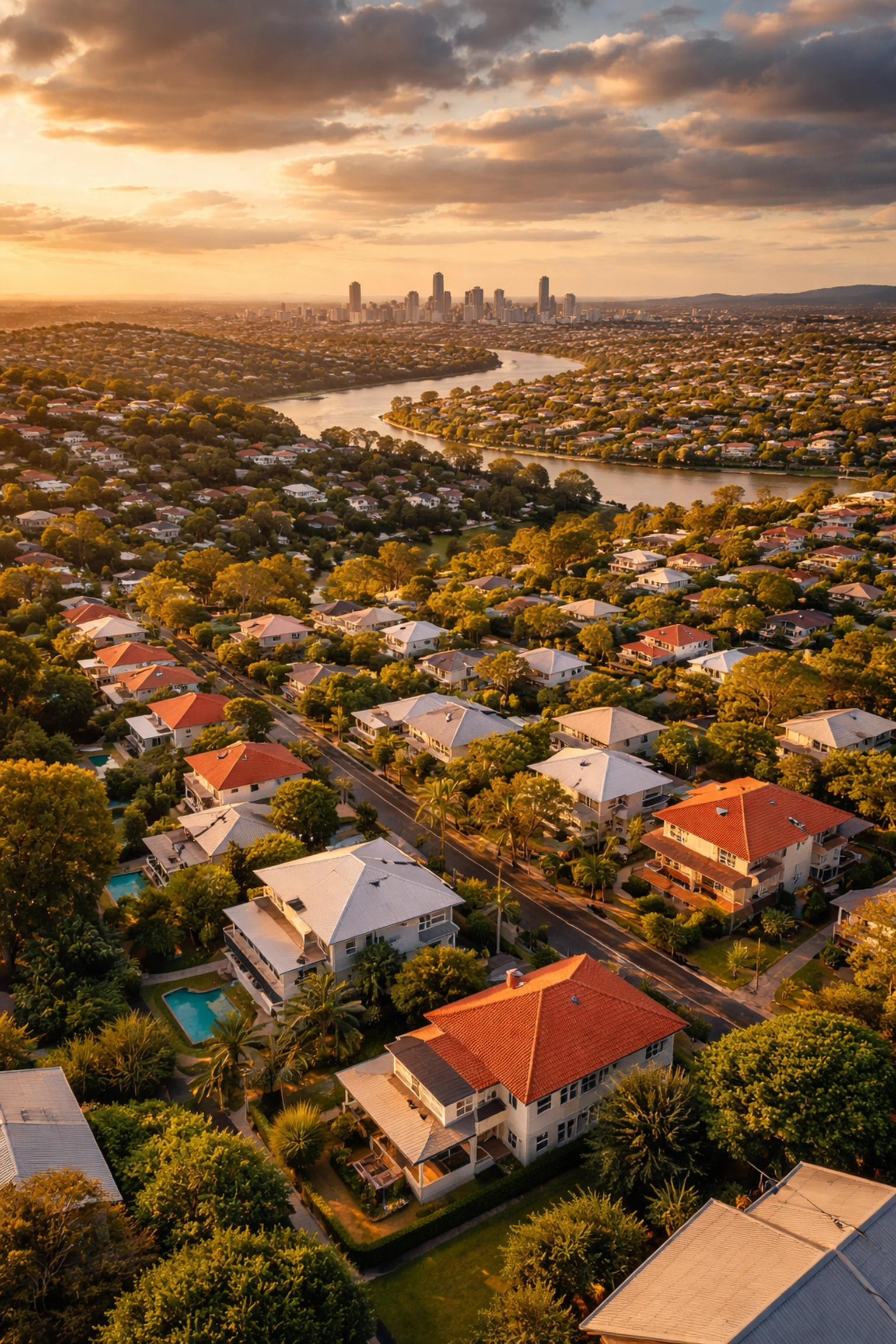 Aerial view of Brisbane suburbs at sunset, highlighting key service areas for local plumbers