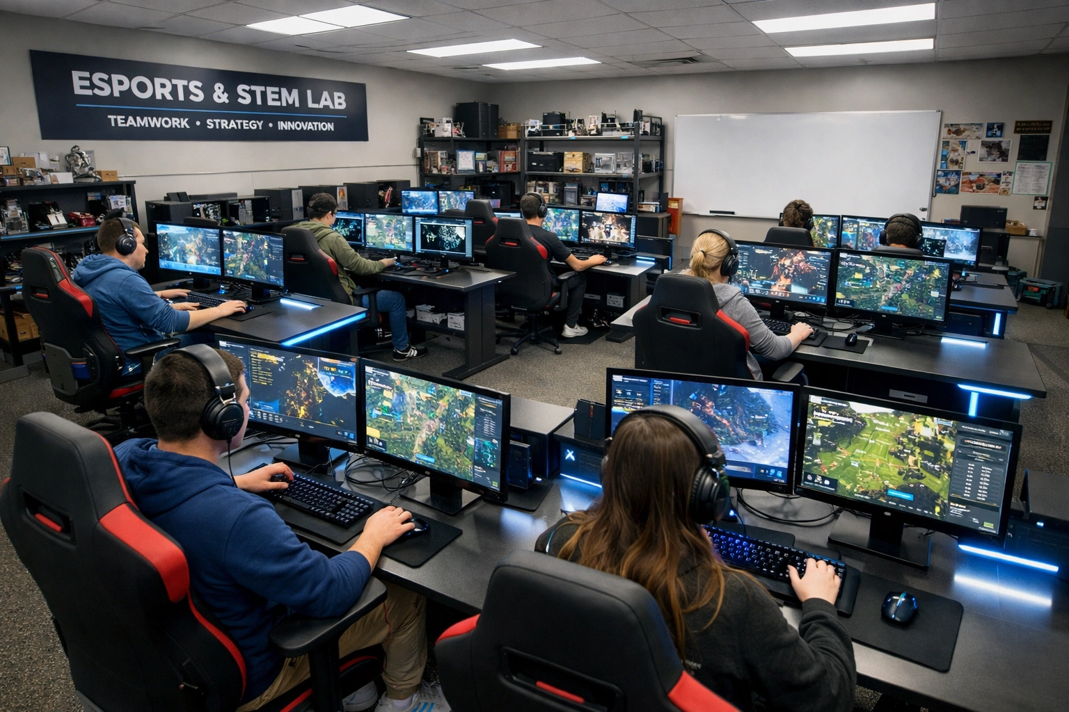 Students using professional esports pods in a high school STEM lab for educational simulation and teamwork.