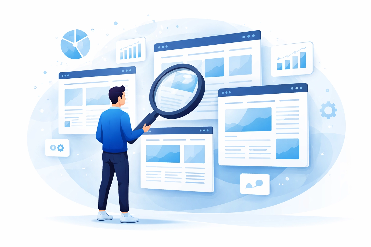 Person reviewing multiple web design portfolios for quality, results, and performance metrics