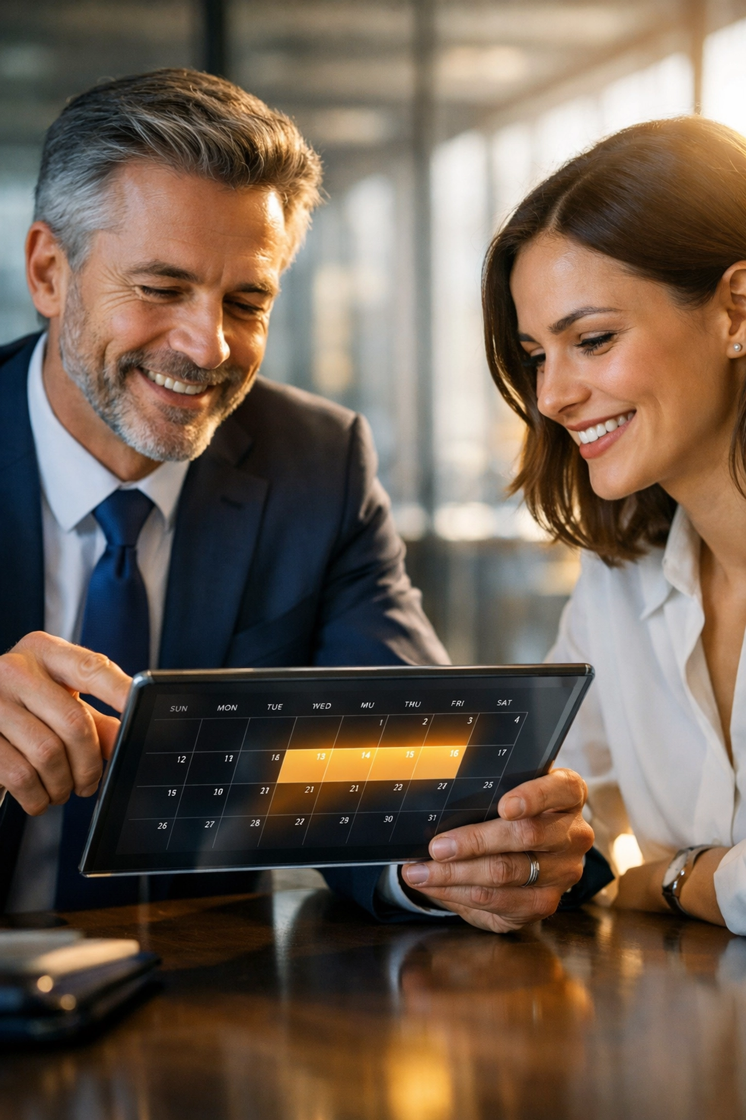 Employee and manager negotiating a 4-day work week schedule using a digital calendar in a professional office.