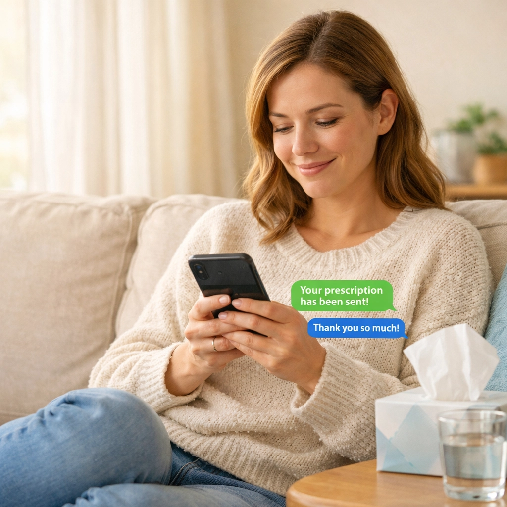 Woman using smartphone for online doctor consultation about pink eye or allergy symptoms at home