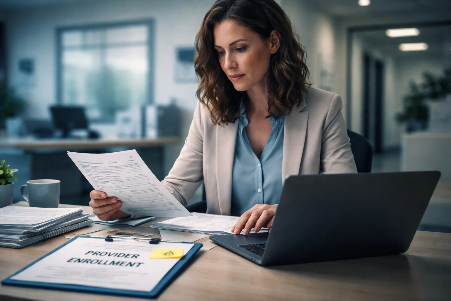 Cinematic still frame cover image for behavioral health provider enrollment: a clinic administrator reviewing provider enrollment paperwork and a payer portal on a laptop in cool blue tones.