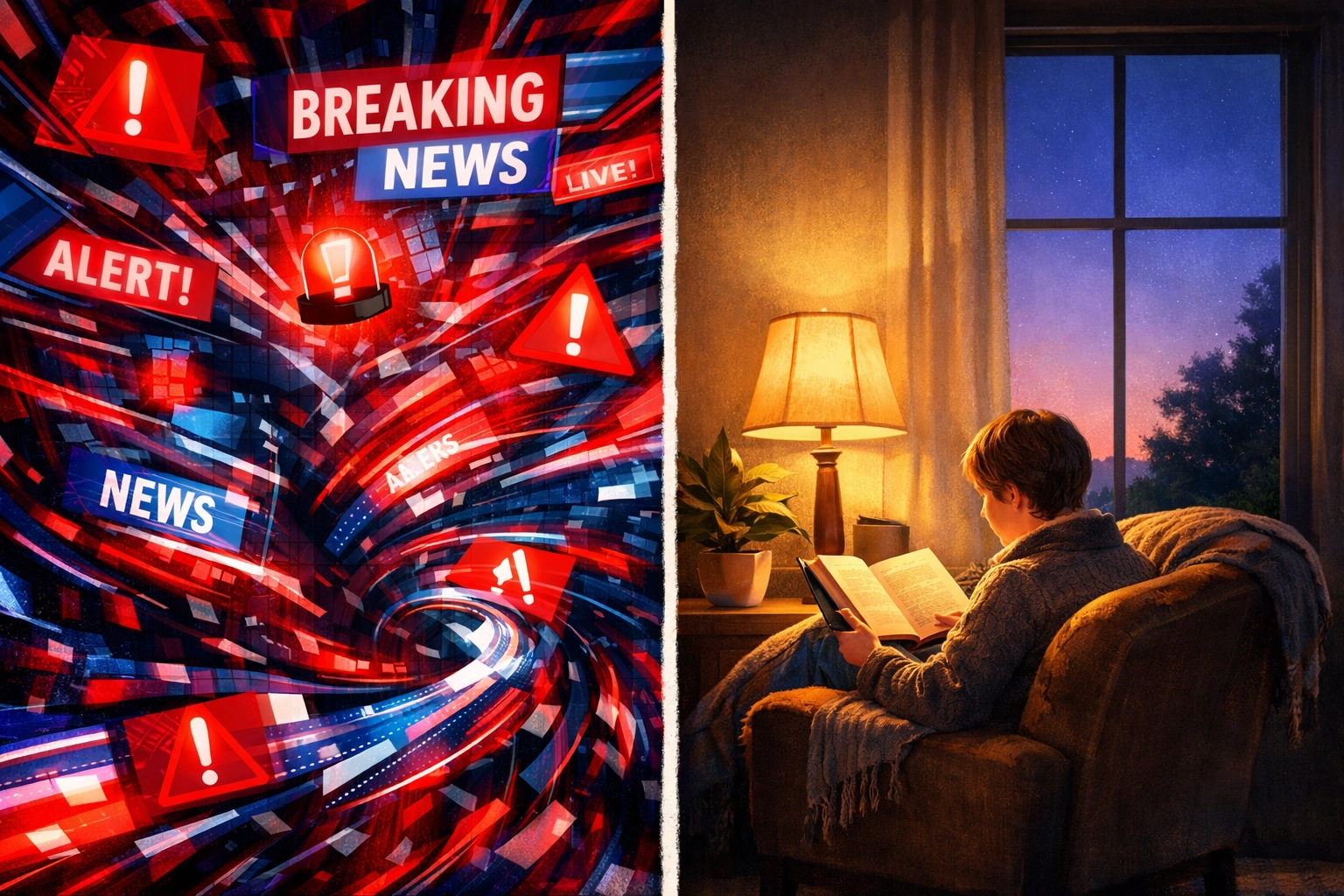 Contrast between chaotic breaking news alerts and calm person reading in peaceful evening setting