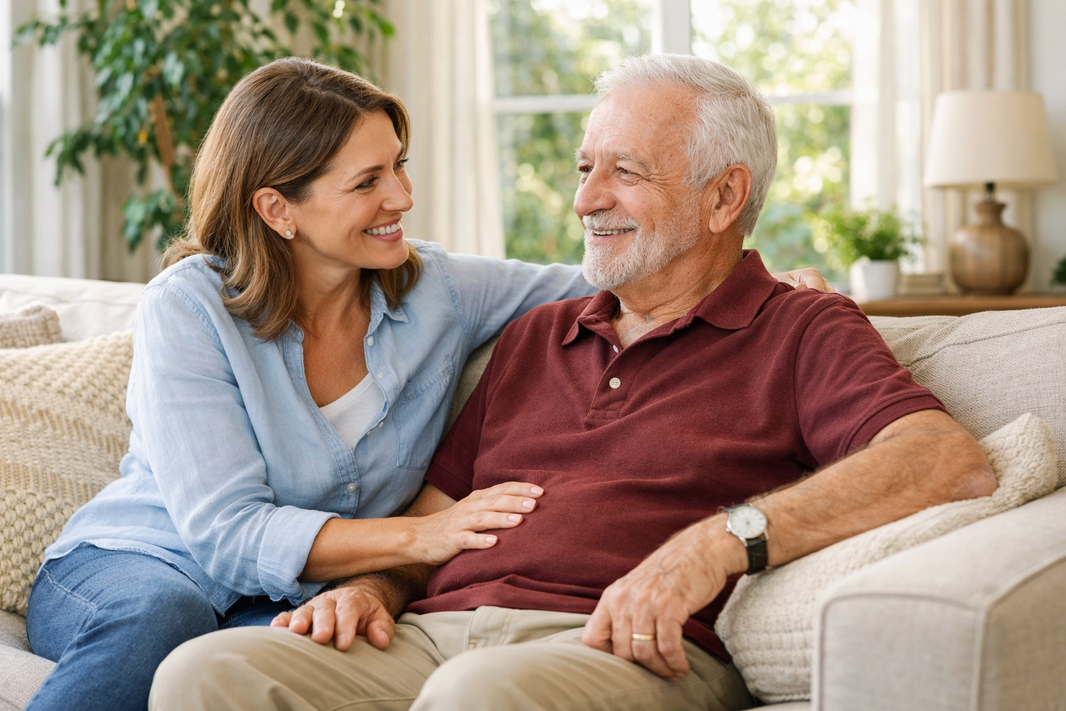 A woman and her elderly father talking about home safety and fall prevention in a bright living room.
