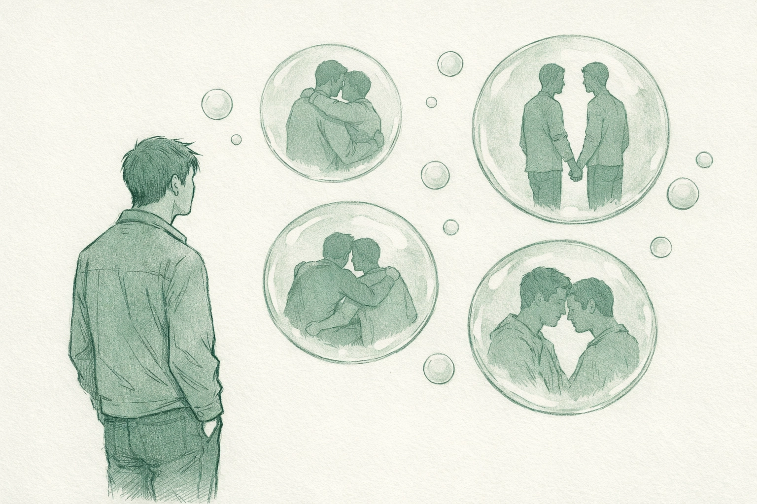 Lonely gay man observing dream bubbles of happy MM couples - loneliness theme