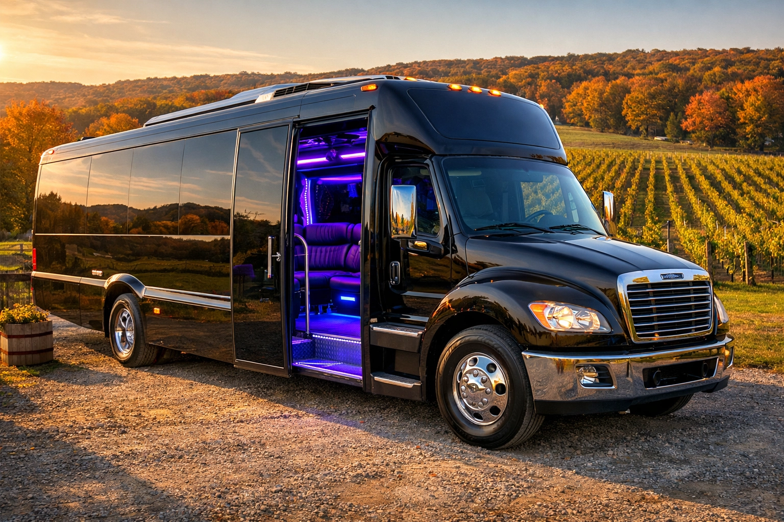Black party bus with LED interior lighting parked at scenic Pennsylvania winery