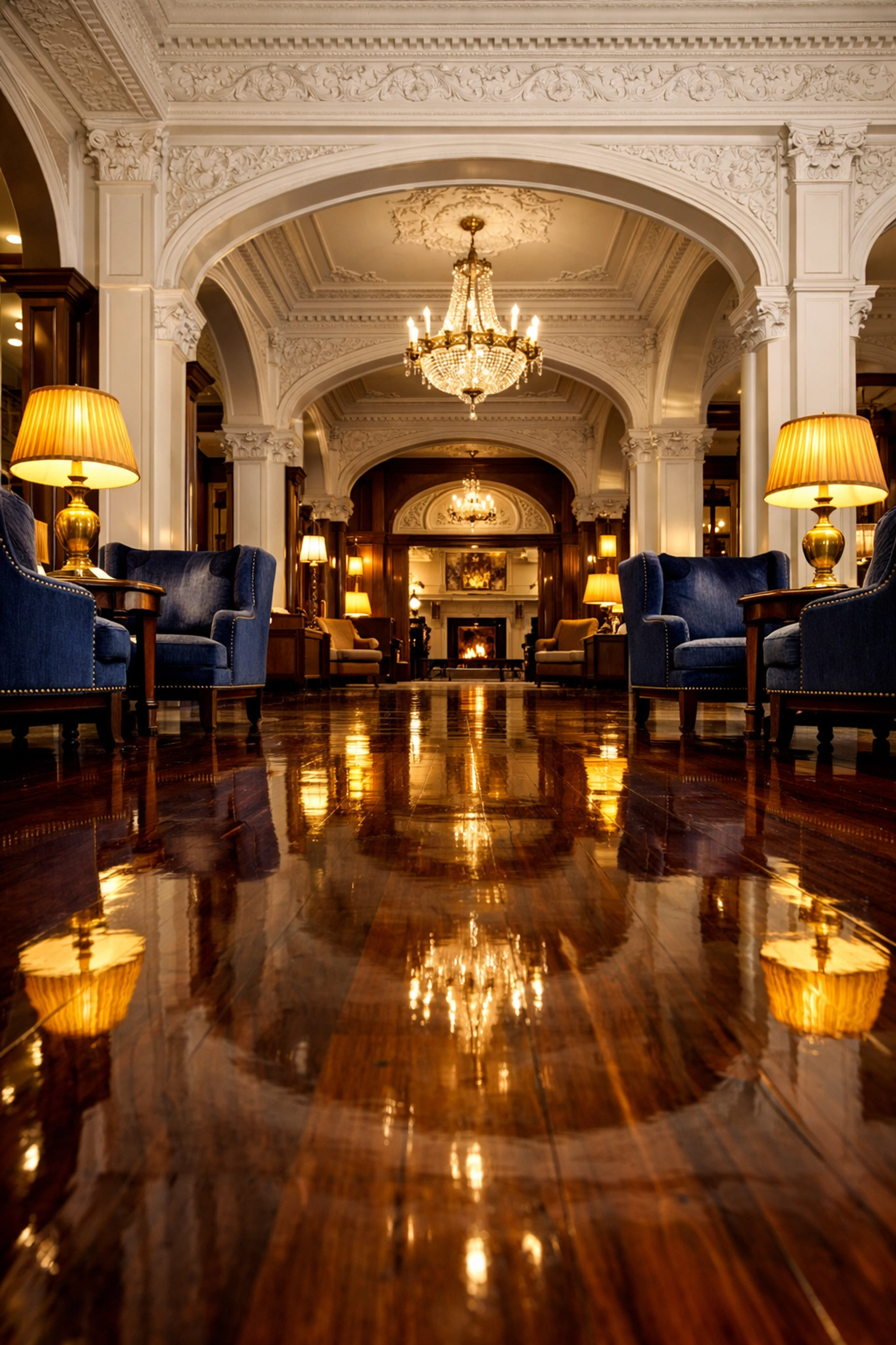 Historic Salem hotel maintenance featuring polished mahogany floors and pristine lobby architecture.