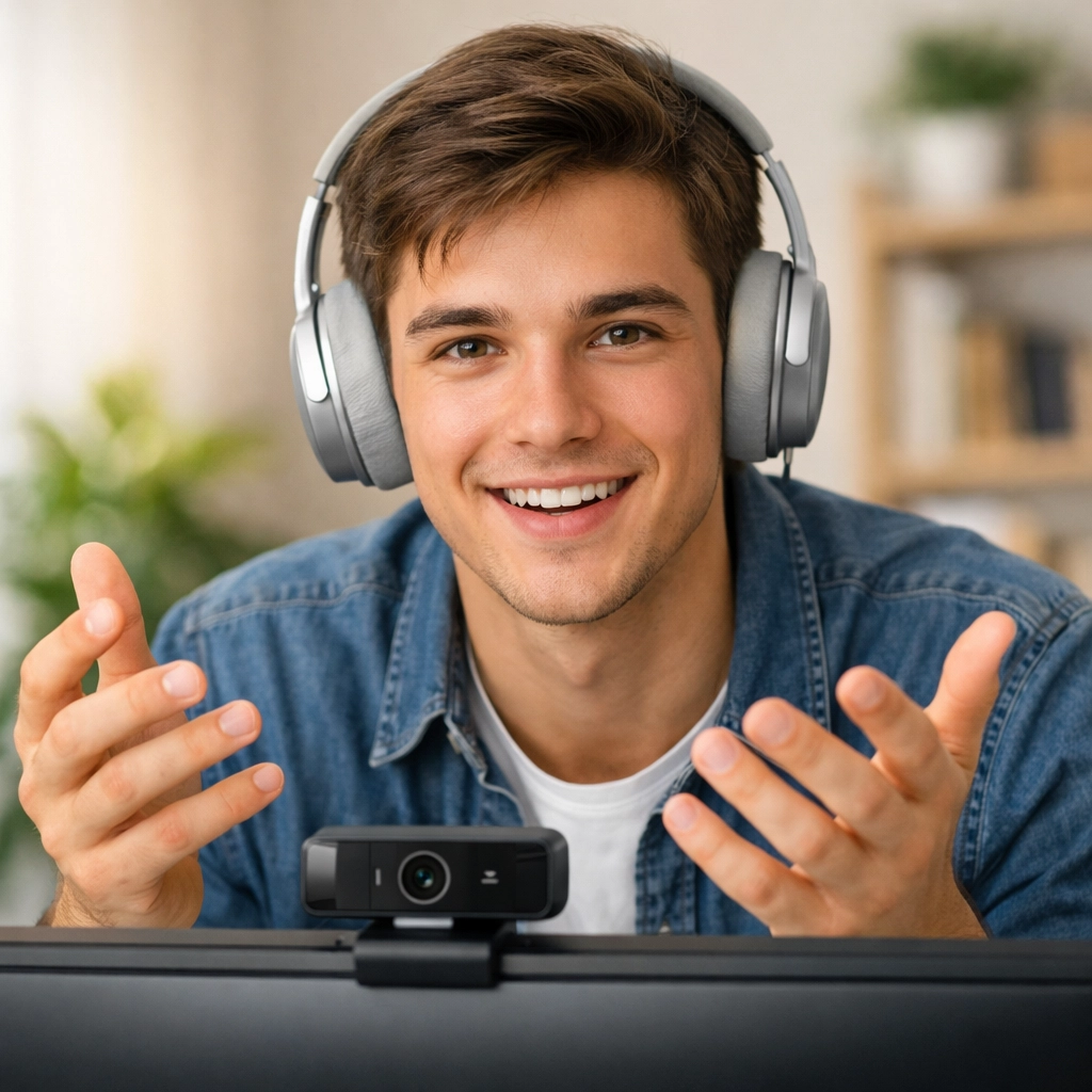 A student engaging in a remote mentorship session via video call from a modern home office.