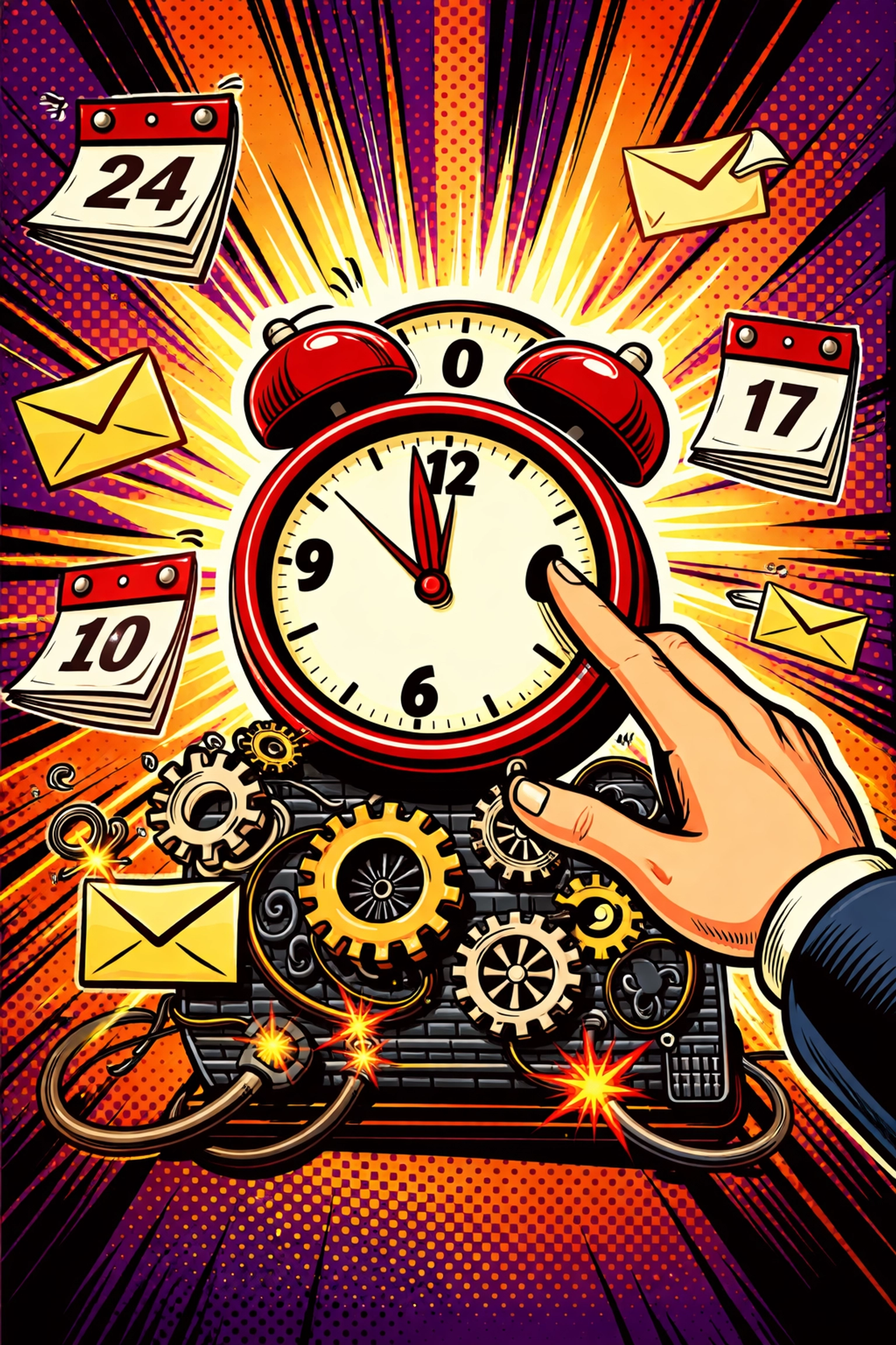 Illustration of a vintage alarm clock with calendars and emails, representing automated, timely sales follow-up