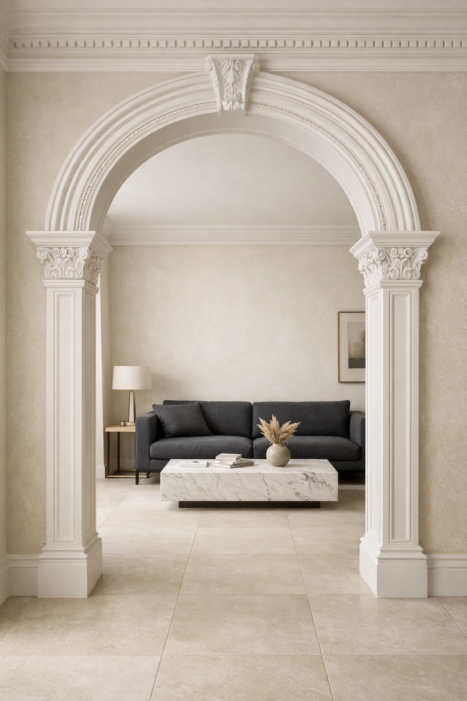 Elegant home remodeling Orlando blending historic arched doorways with modern minimalist furniture.