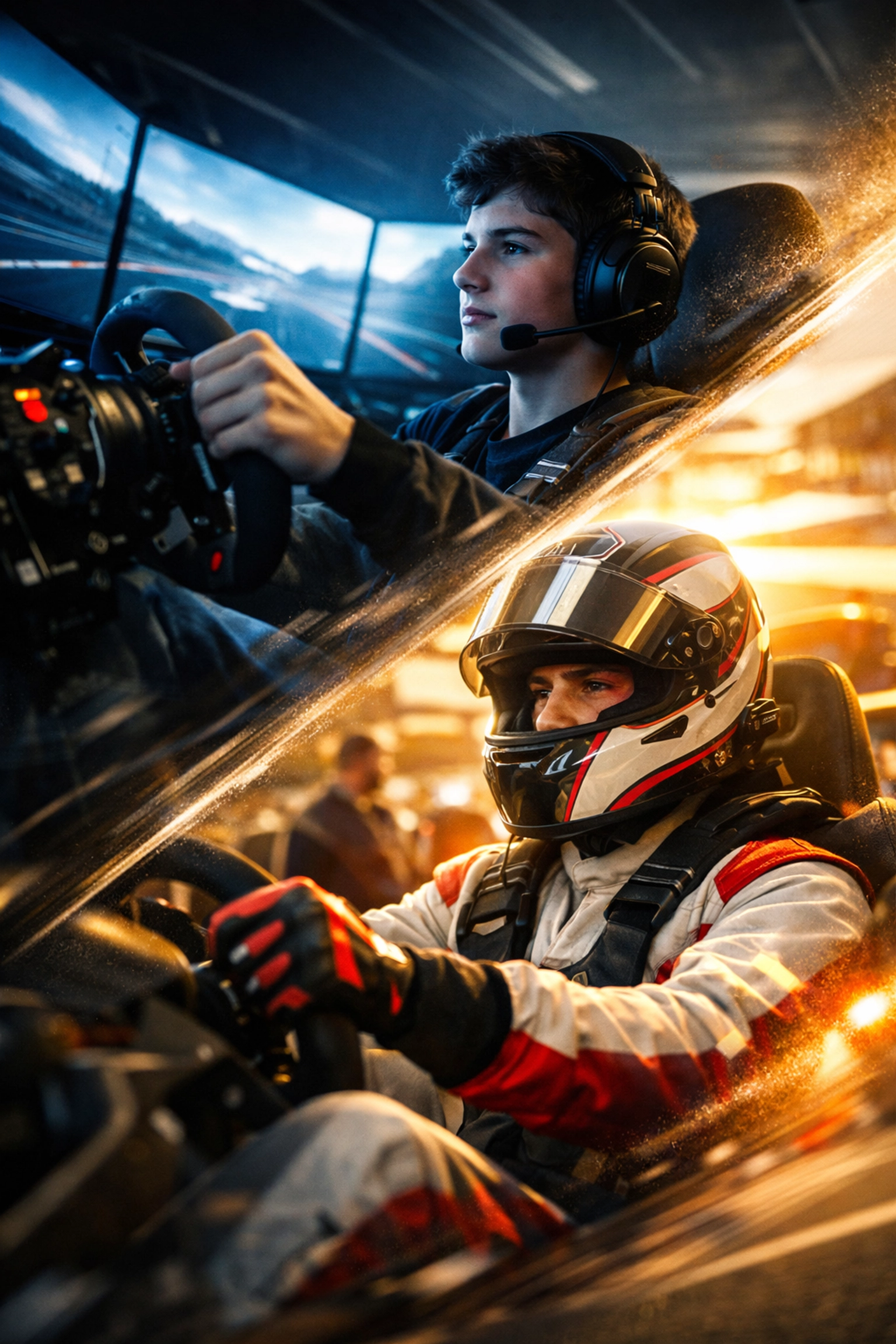 Young driver shifting from a high-tech racing simulator to real-world track competition.