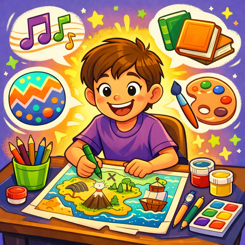 Child showcasing creative strengths through art and learning activities