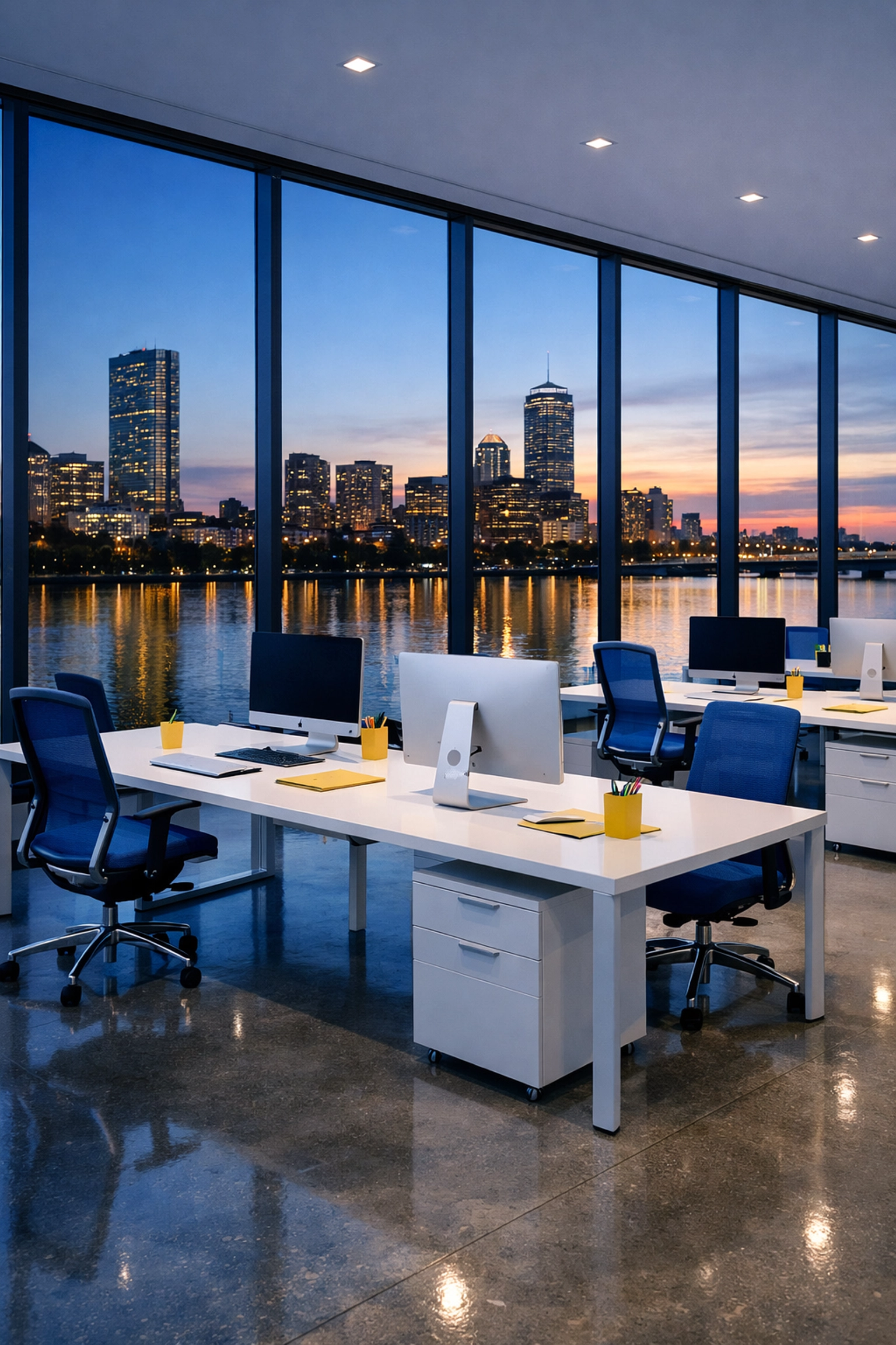 Modern tech office in Kendall Square with clean white workstations and Charles River views.