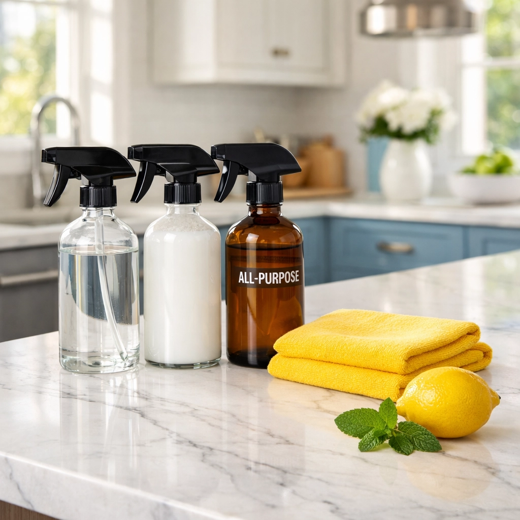 Non-toxic eco-friendly house cleaning Sudbury MA supplies on a bright kitchen island.