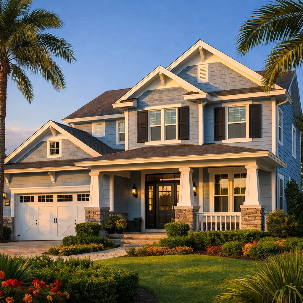 Orlando home exterior painted in coastal blue with white trim and landscaping