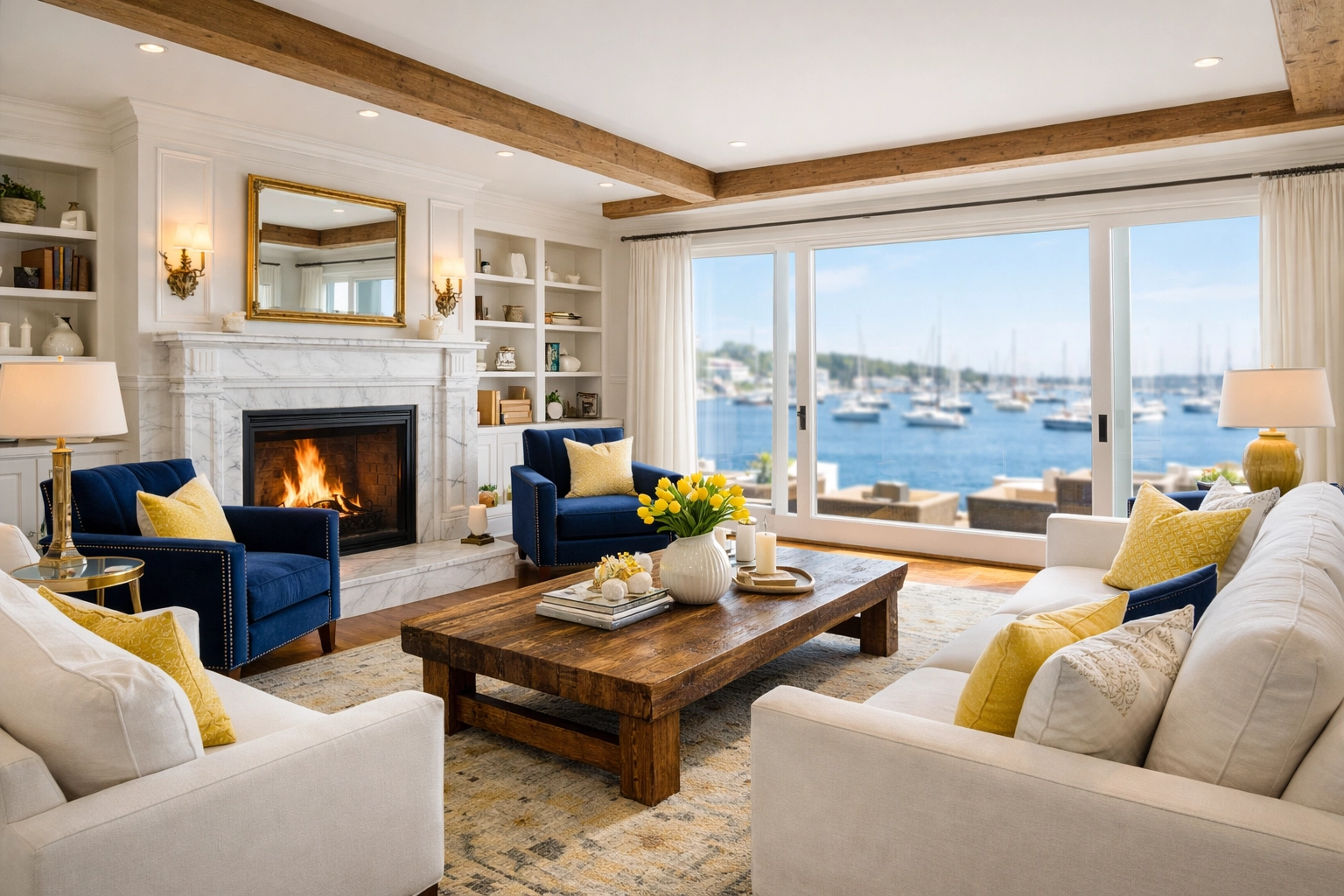 Spotless luxury living room in Marblehead showing high-end residential cleaning results near the harbor.
