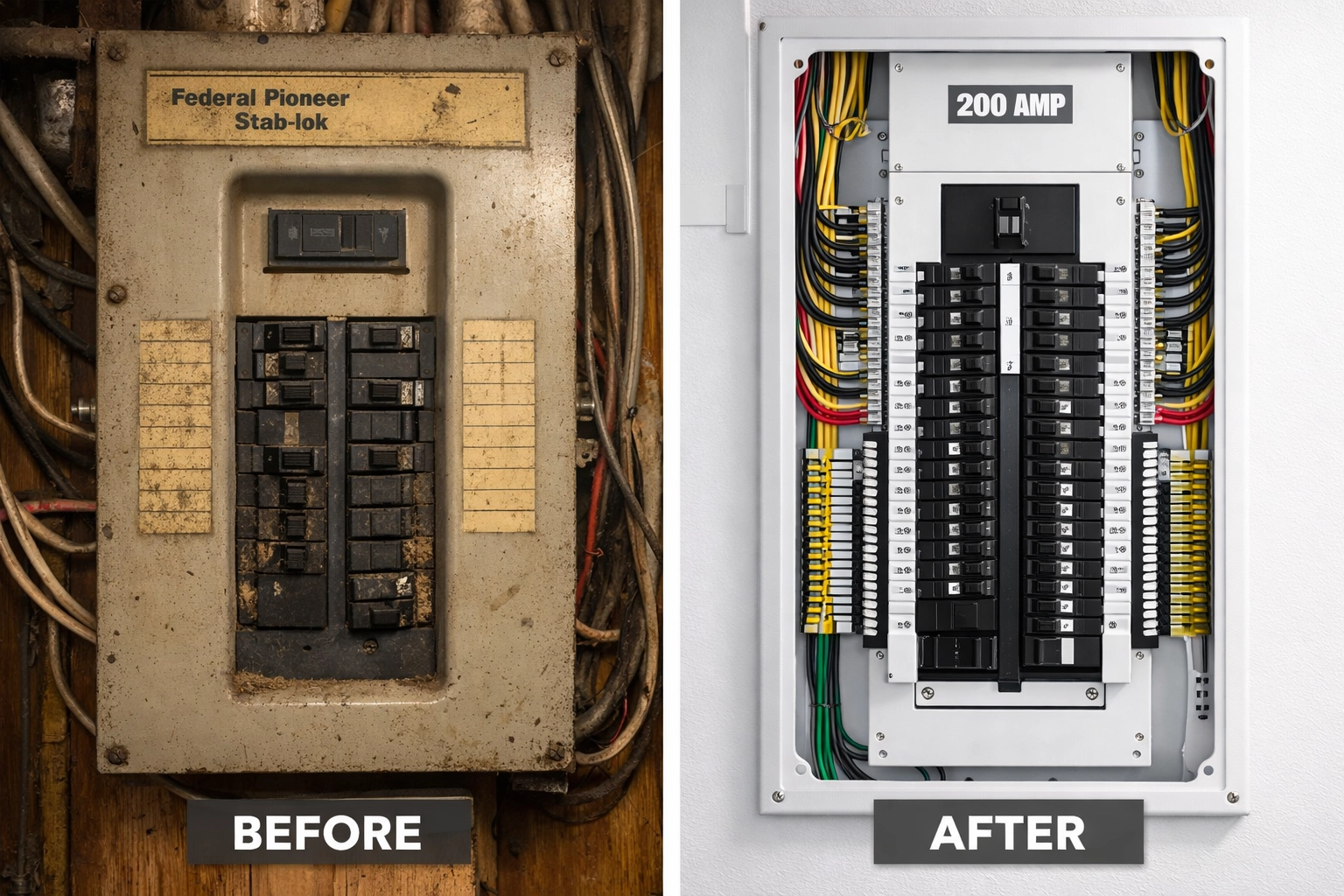 Before and after comparison of an old Stab-lok panel and a new 200-amp electrical panel upgrade in Edmonton.