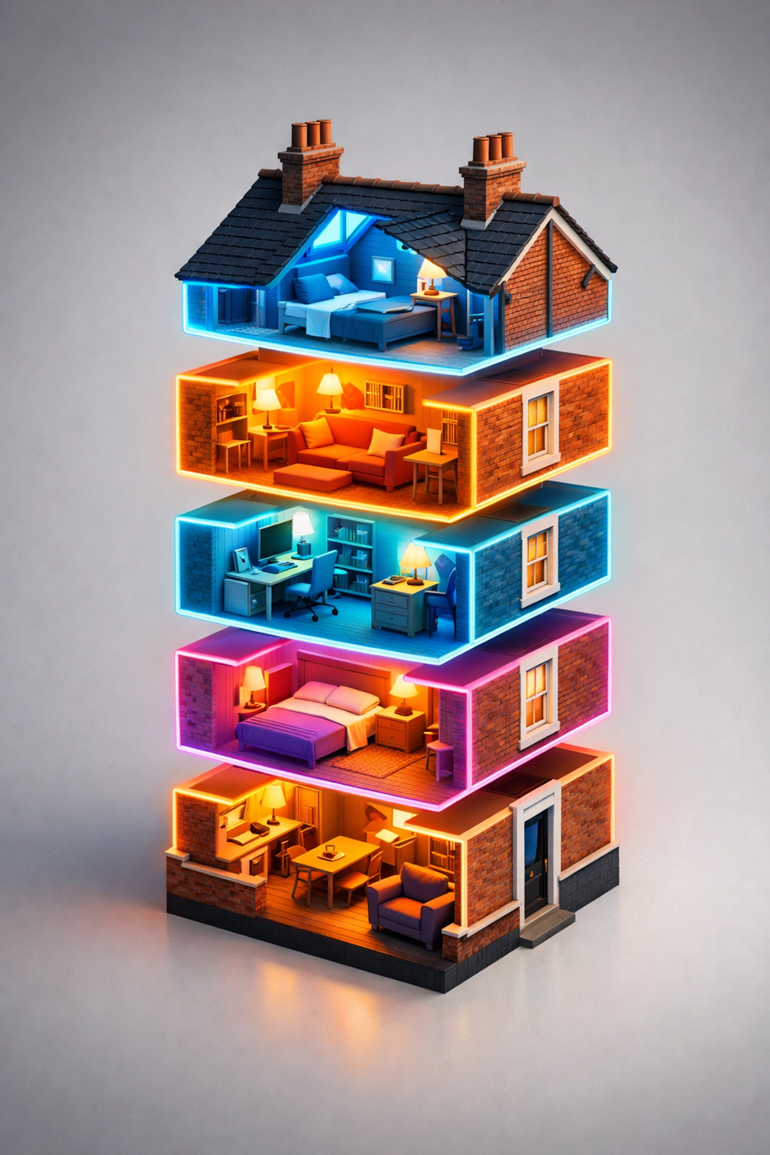 Cross-section of a British terraced house converted into multiple rental units to maximize income.