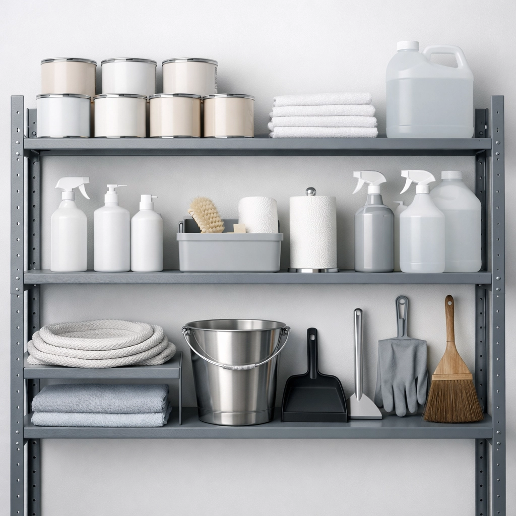 Organized apartment turnover supplies including paint and cleaning products on storage shelves