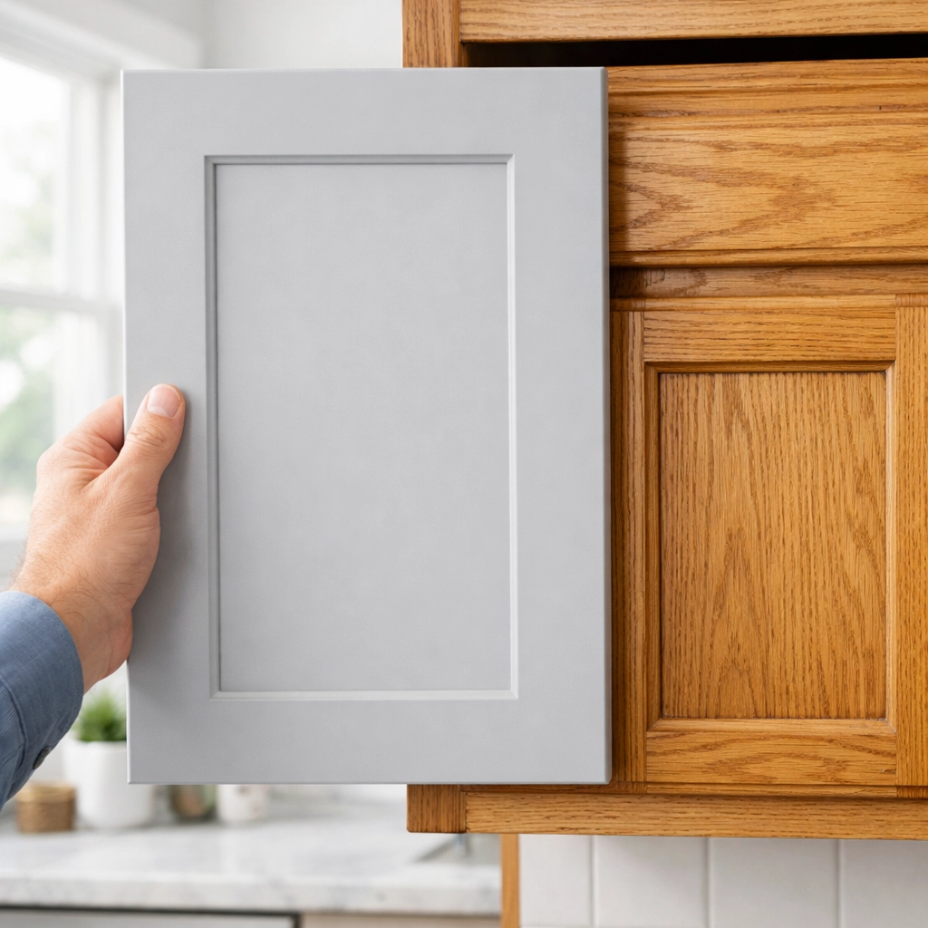 Light grey Shaker door compared to old oak frame during a kitchen cabinet refacing project.