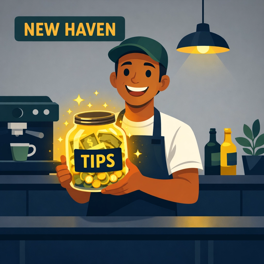 New Haven barista with a glowing tip jar representing federal tax-free income for tipped workers in 2026.