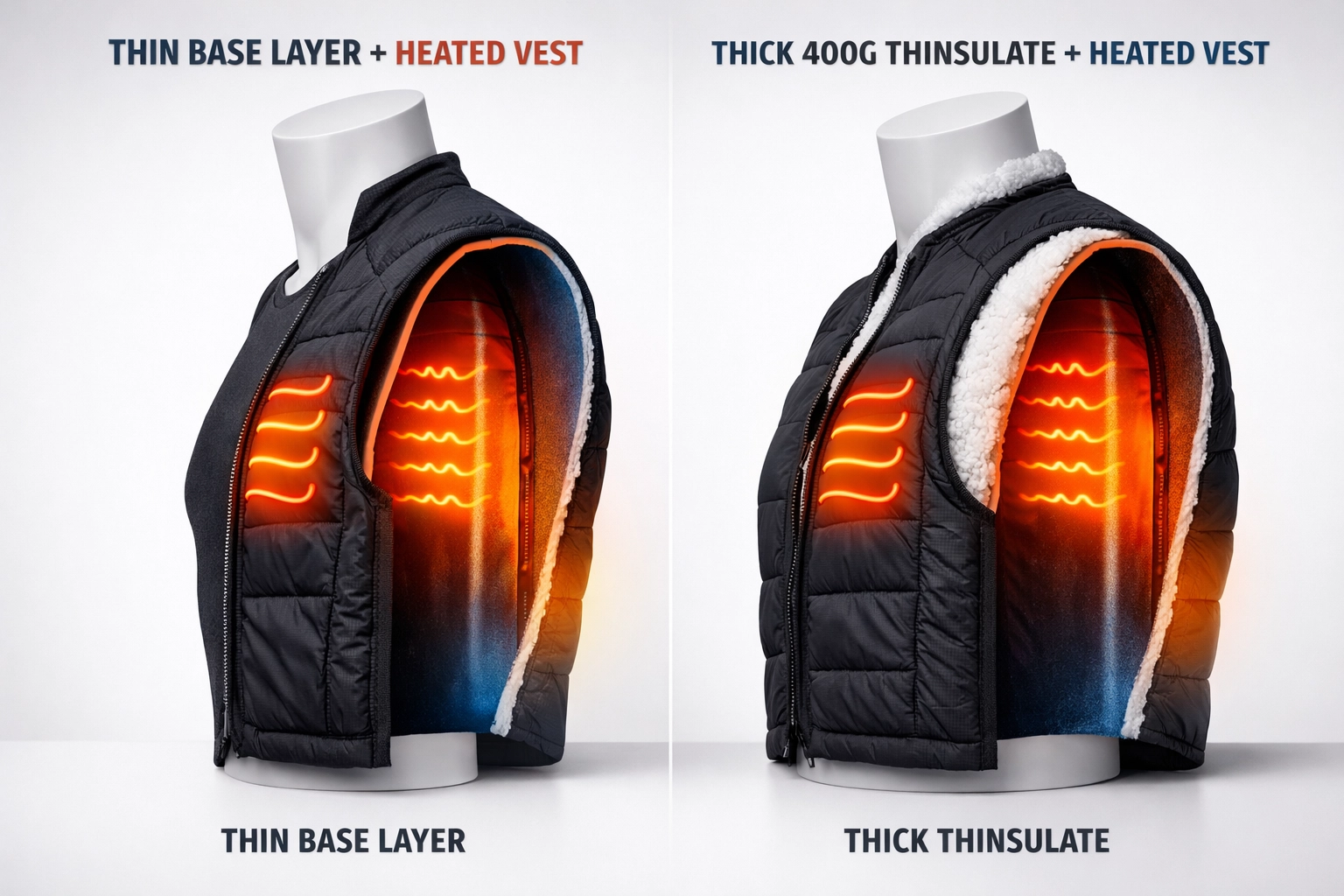 Vergleich dünner und dicker Unterzieher mit Heizweste für Kaltwassertauchen