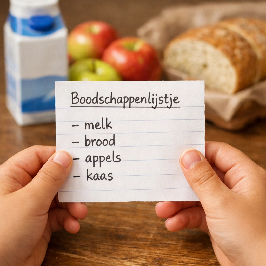 Boodschappenlijst met basis producten zoals melk, brood en appels voor leesoefening
