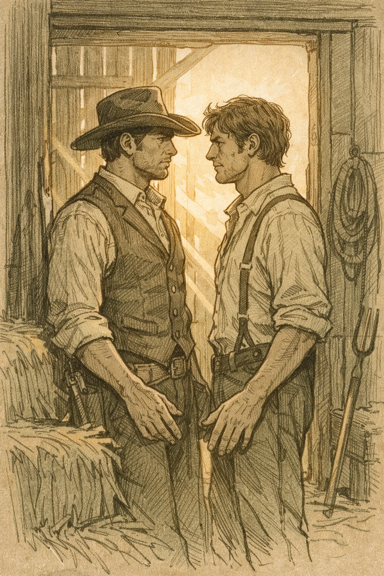 Two cowboys share intimate moment in barn doorway on 1880s Montana ranch - MM historical romance