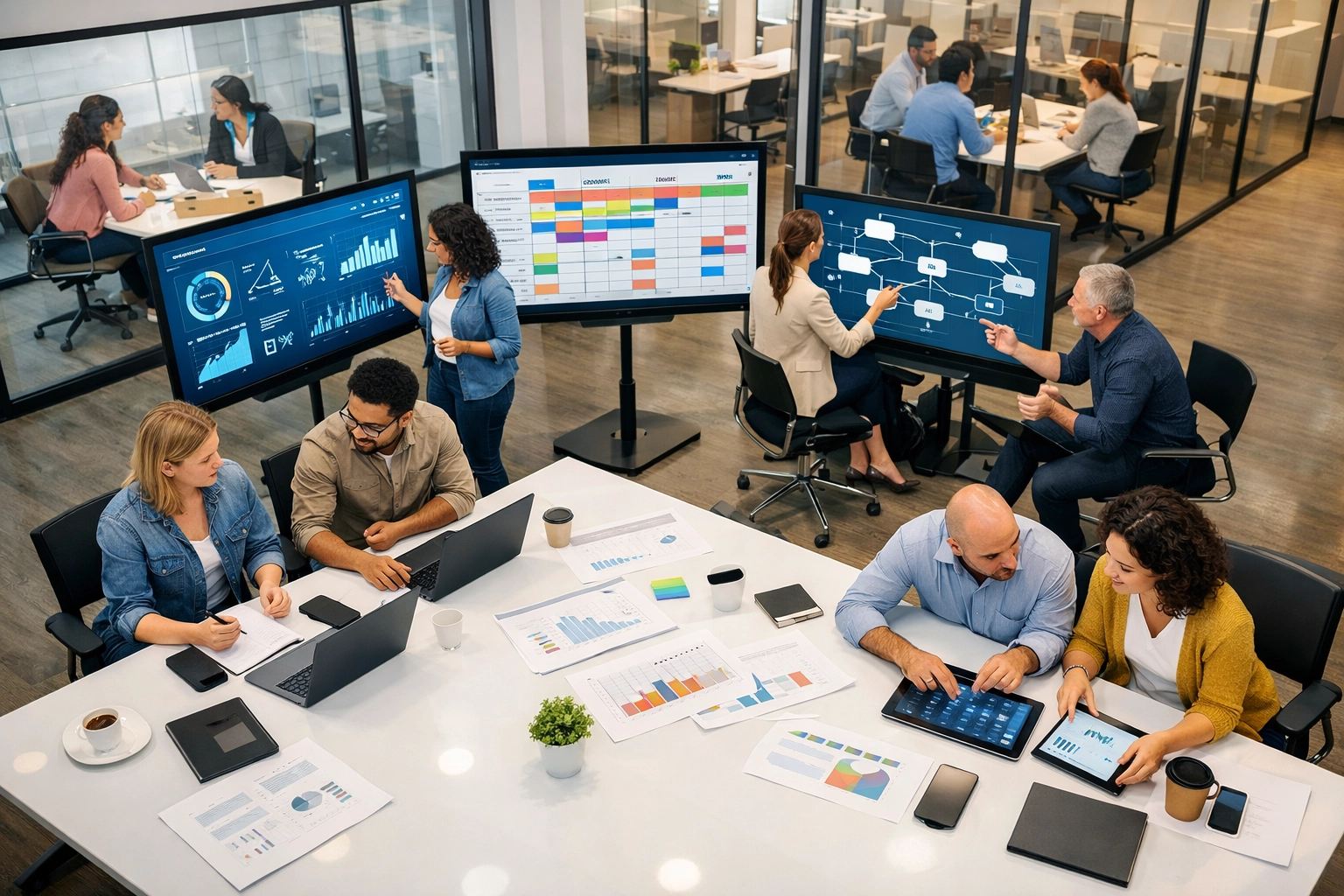 Integrated teams collaborating on digital media solutions with data dashboards in modern workspace