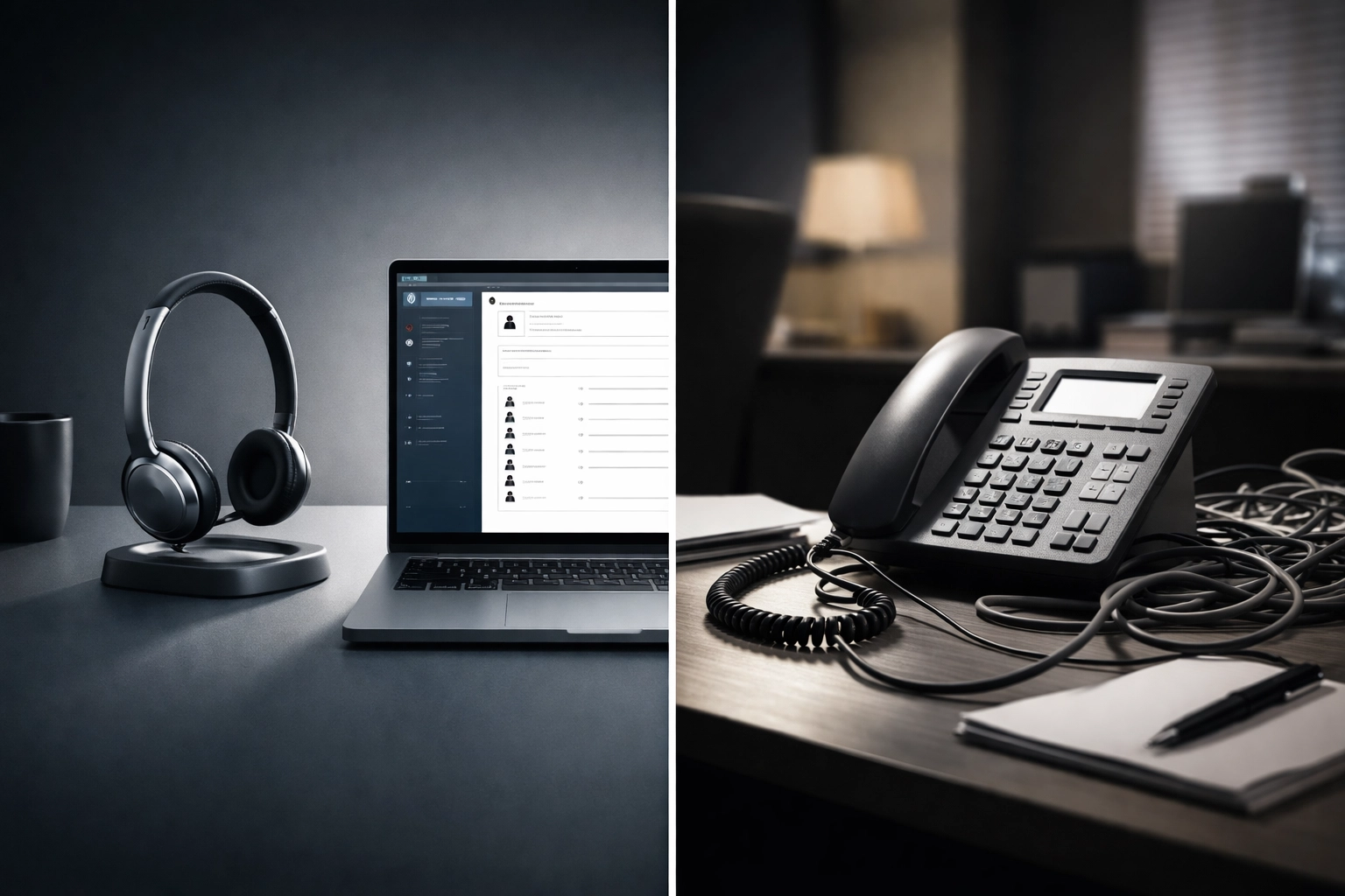 Side-by-side comparison of modern VoIP workspace and traditional landline office setup