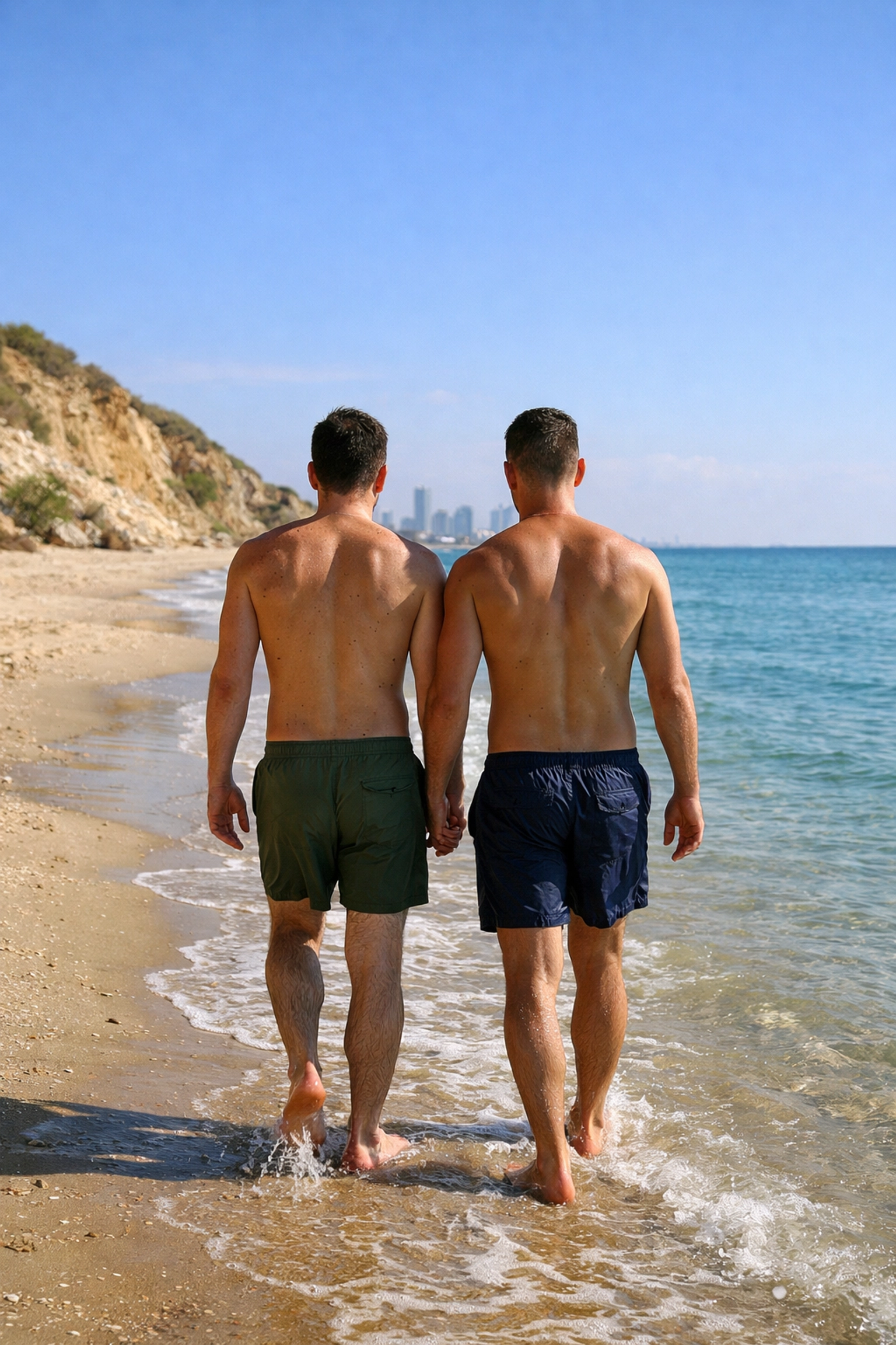 Two gay men walking along Tel Aviv's naturist beach Mediterranean shoreline