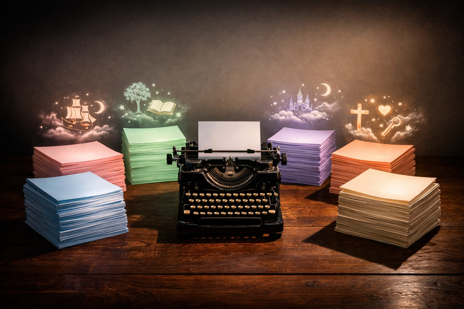 Six stacks of manuscript pages representing serialized Christian fiction writing