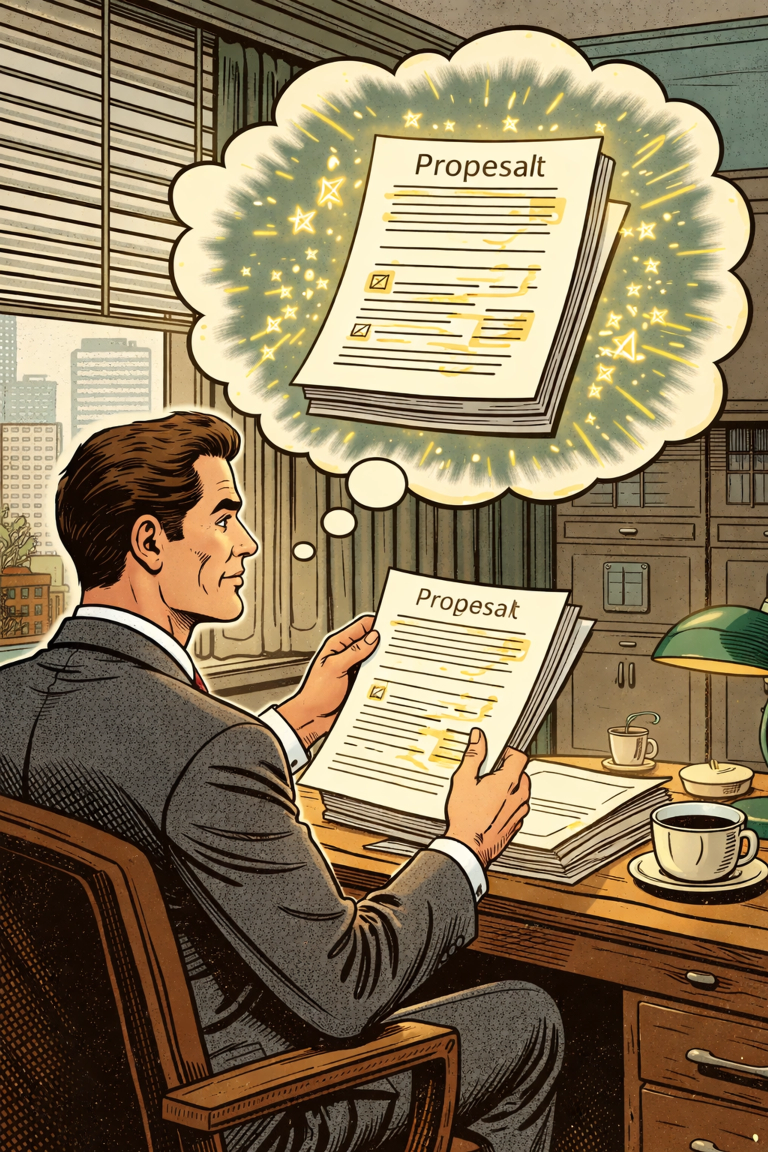 1950s-style comic of a businessman reviewing a proposal, illustrating internal bias in Red Team reviews