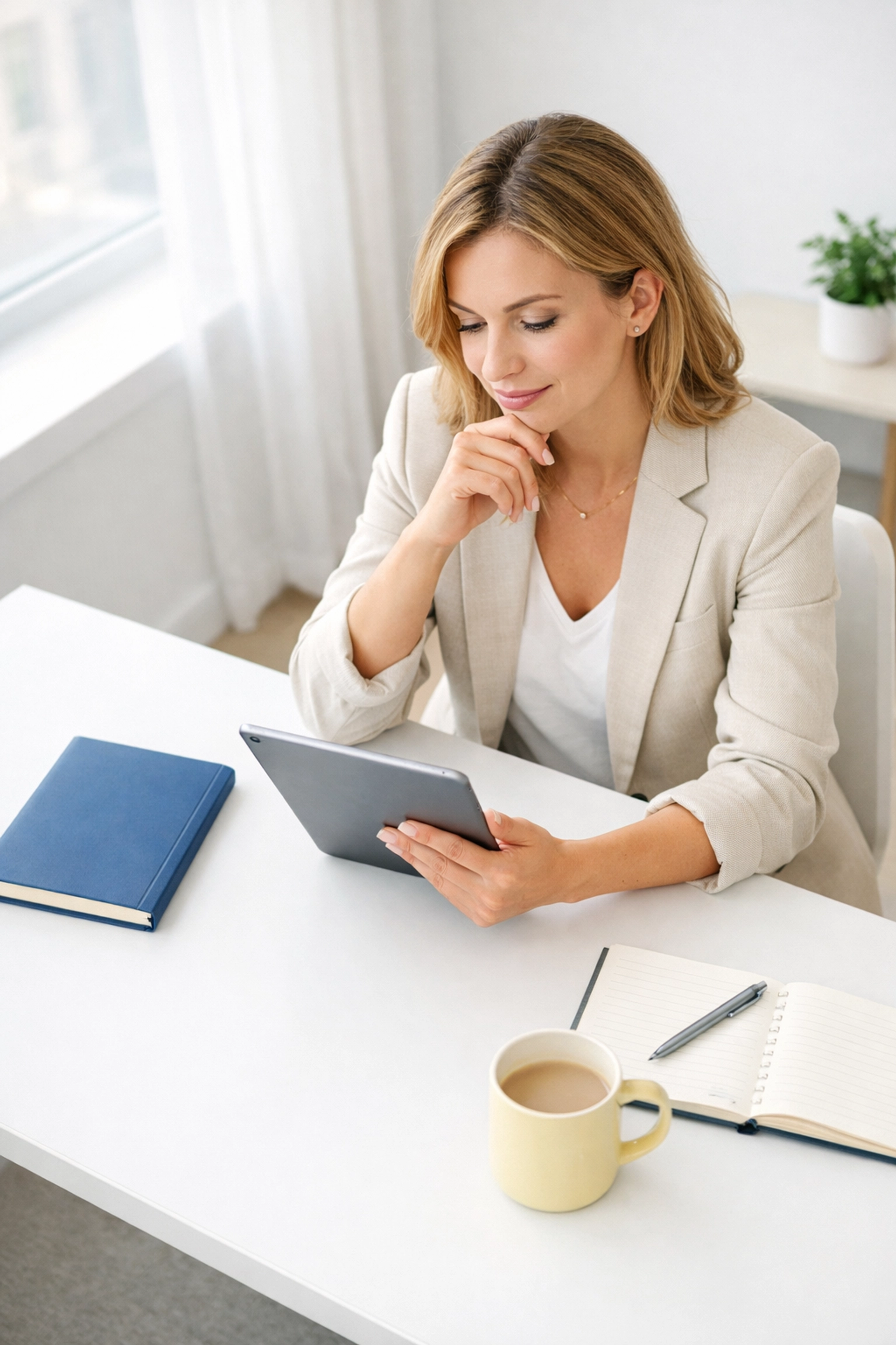 Fundraiser designing donor surveys for planned giving on a tablet in a modern office space.