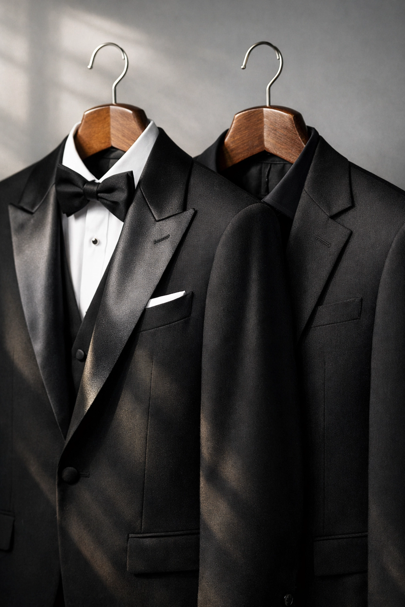 Black tuxedo and suit jackets showing satin lapel differences for wedding comparison